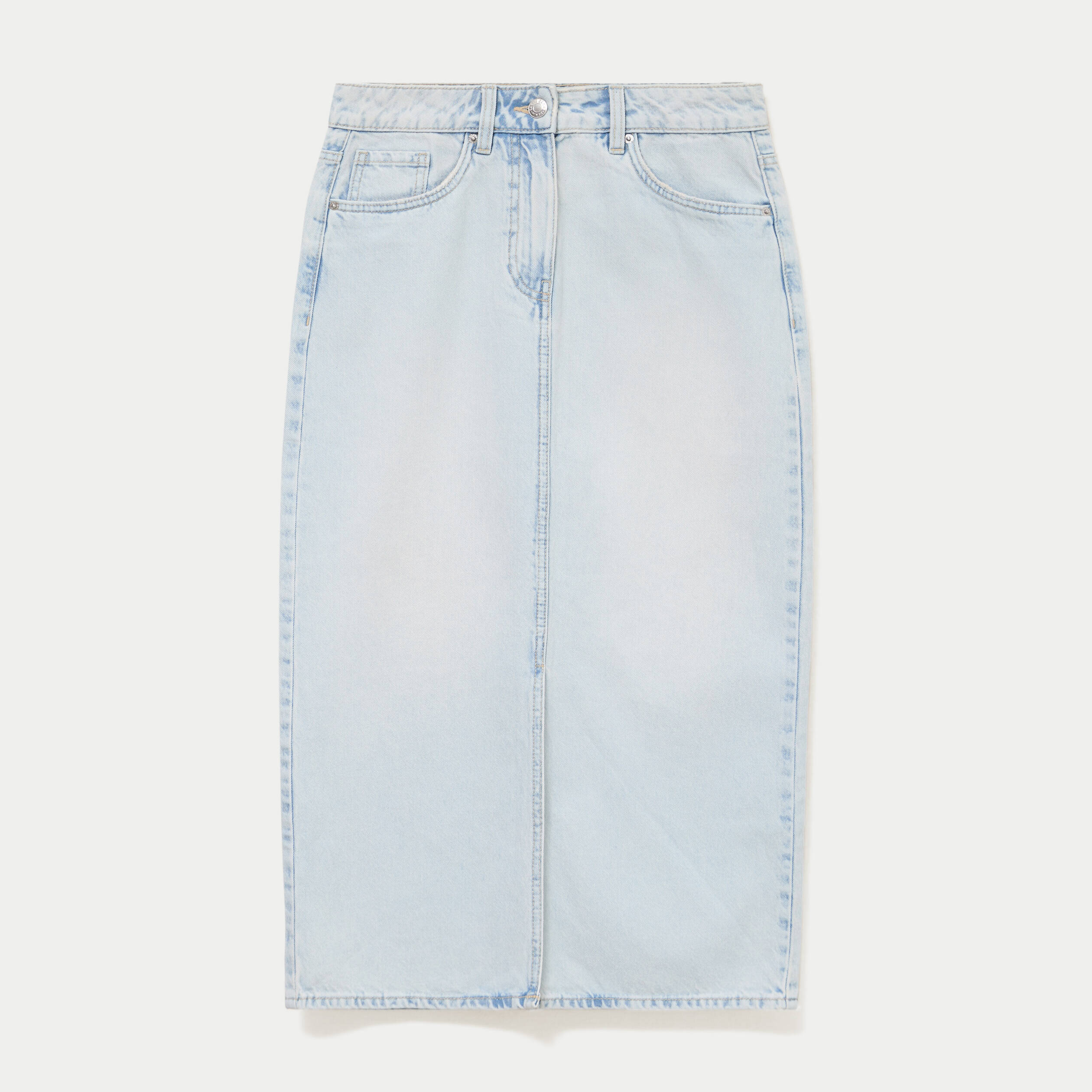 Jupe droite midi en jean 5 poches denim bleach femme