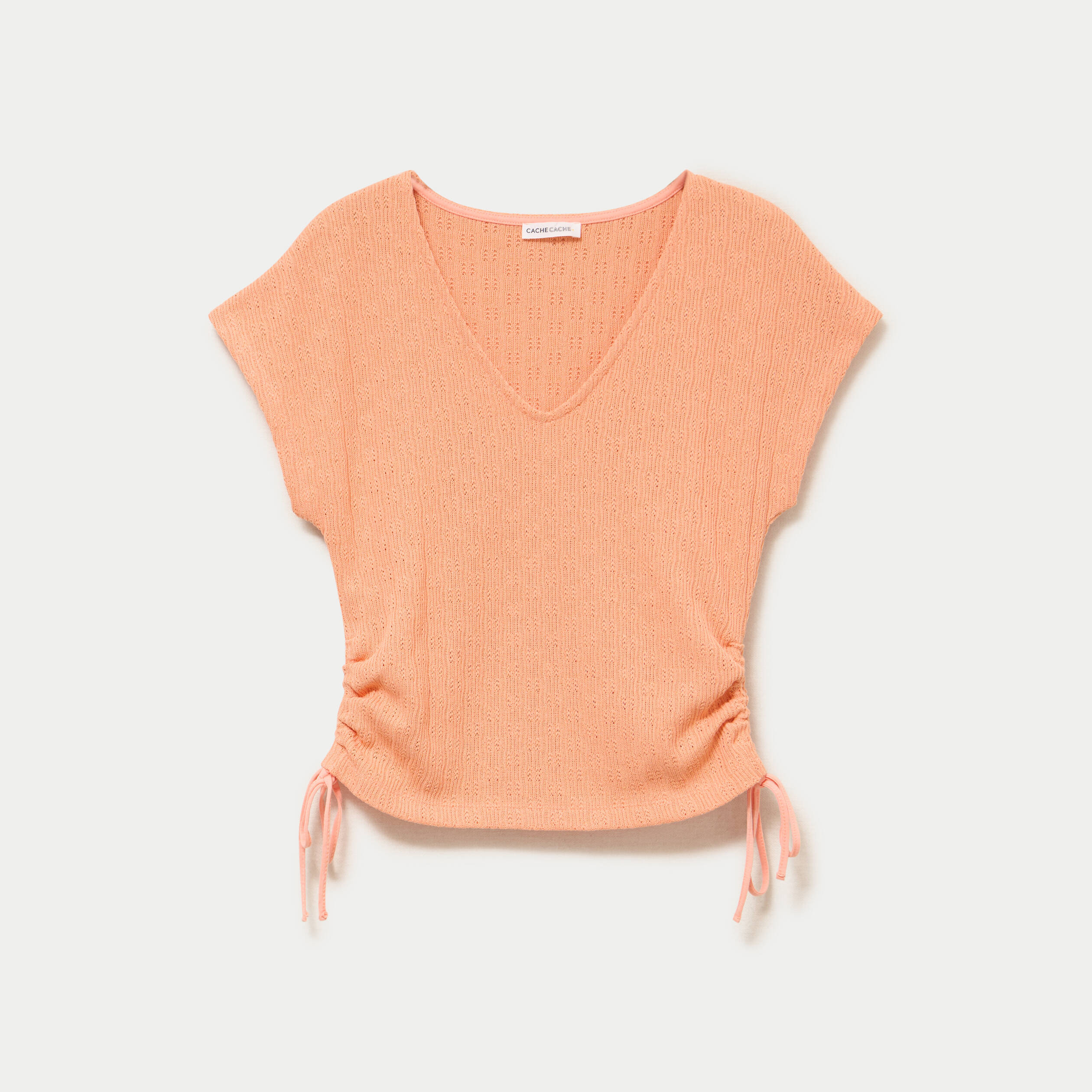 T-shirt ajour&eacute; d&eacute;tails cordons rose saumon femme