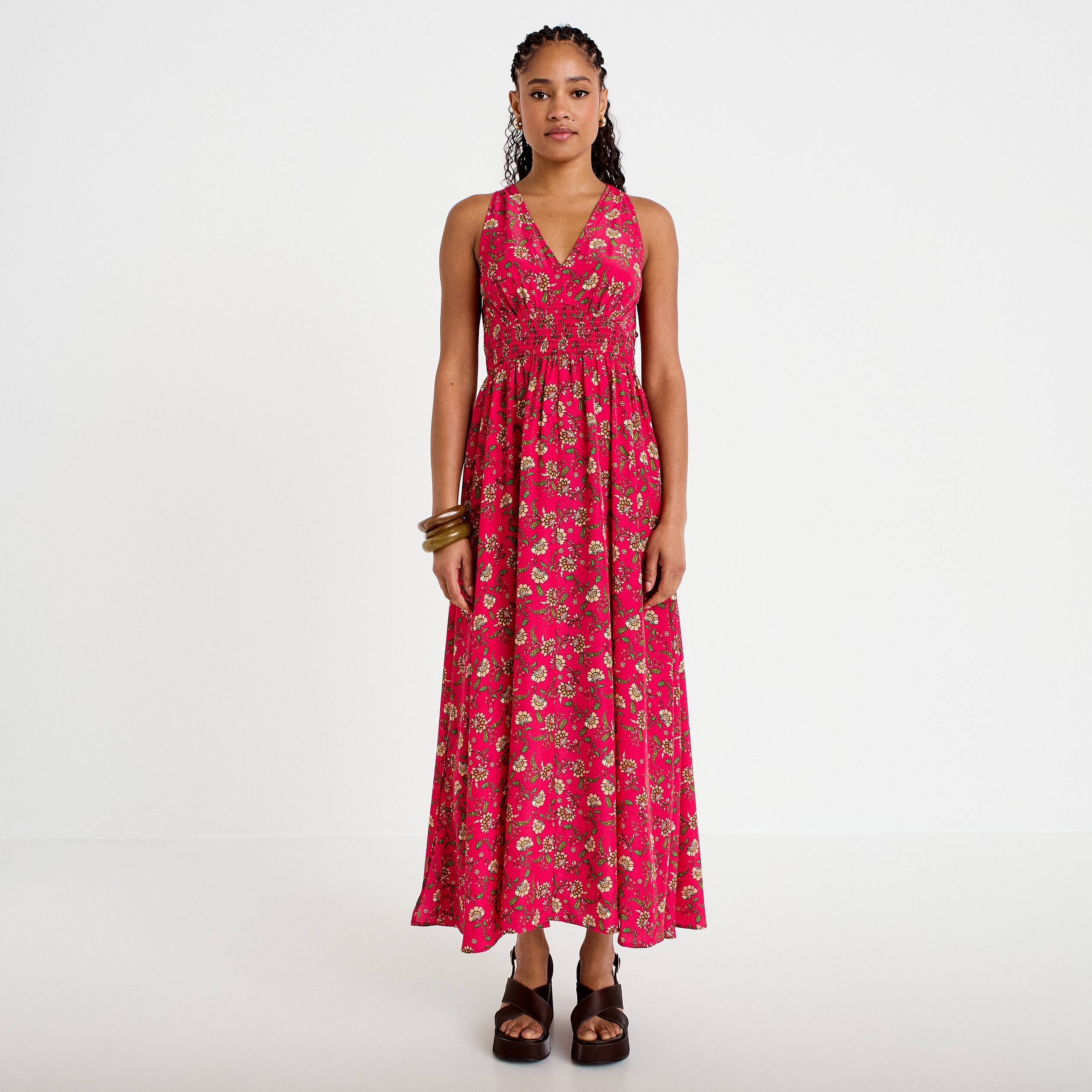 Robe longue &eacute;vas&eacute;e effet satin&eacute;e rose femme