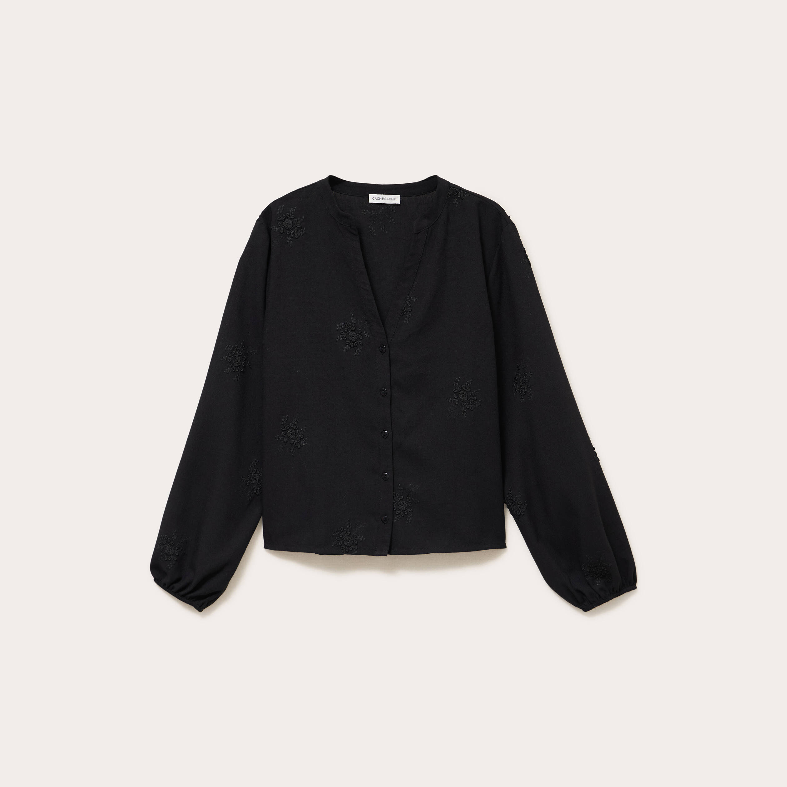 Blouse brod&eacute;e col V noir femme
