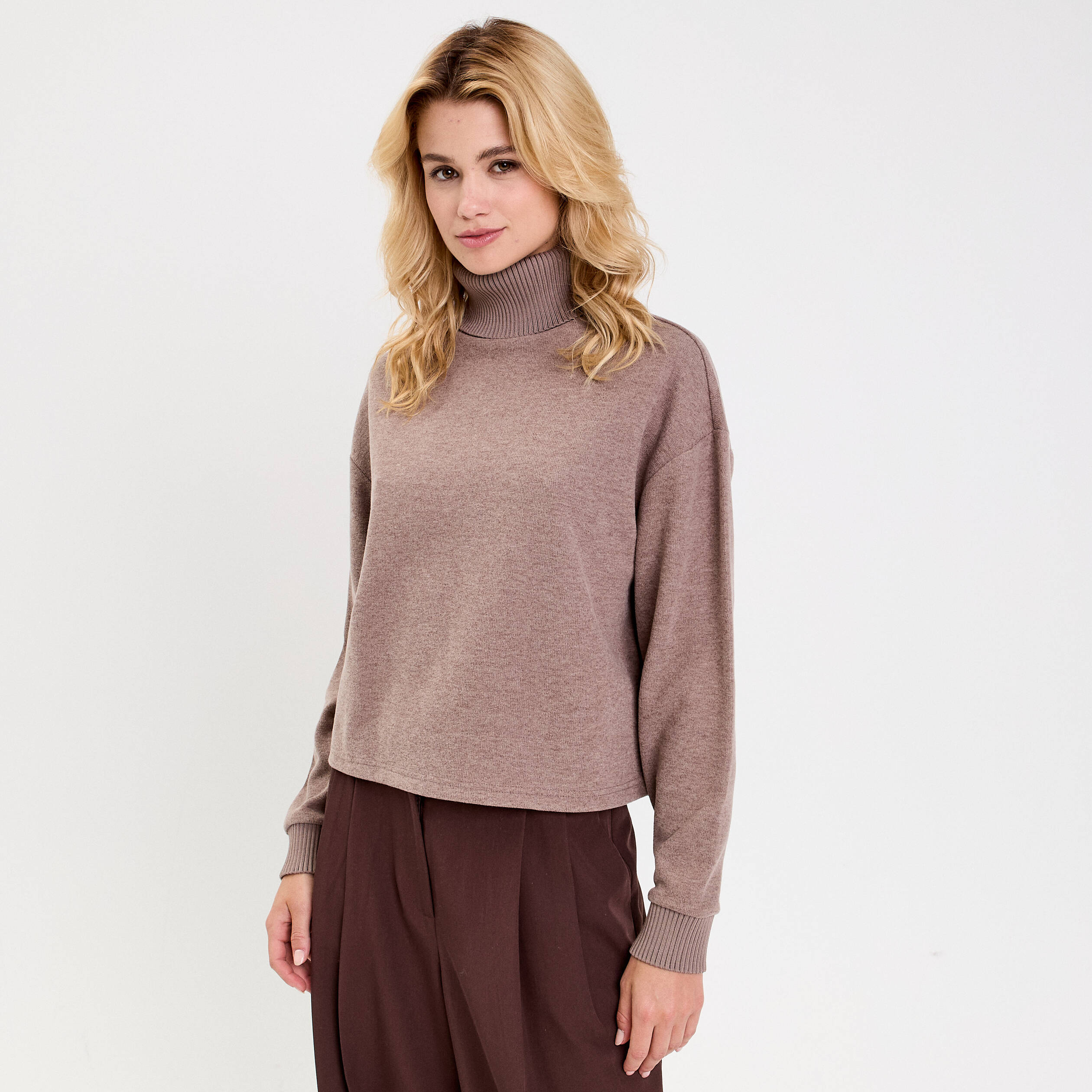 Sweat col roul&eacute; manches longues terracotta femme