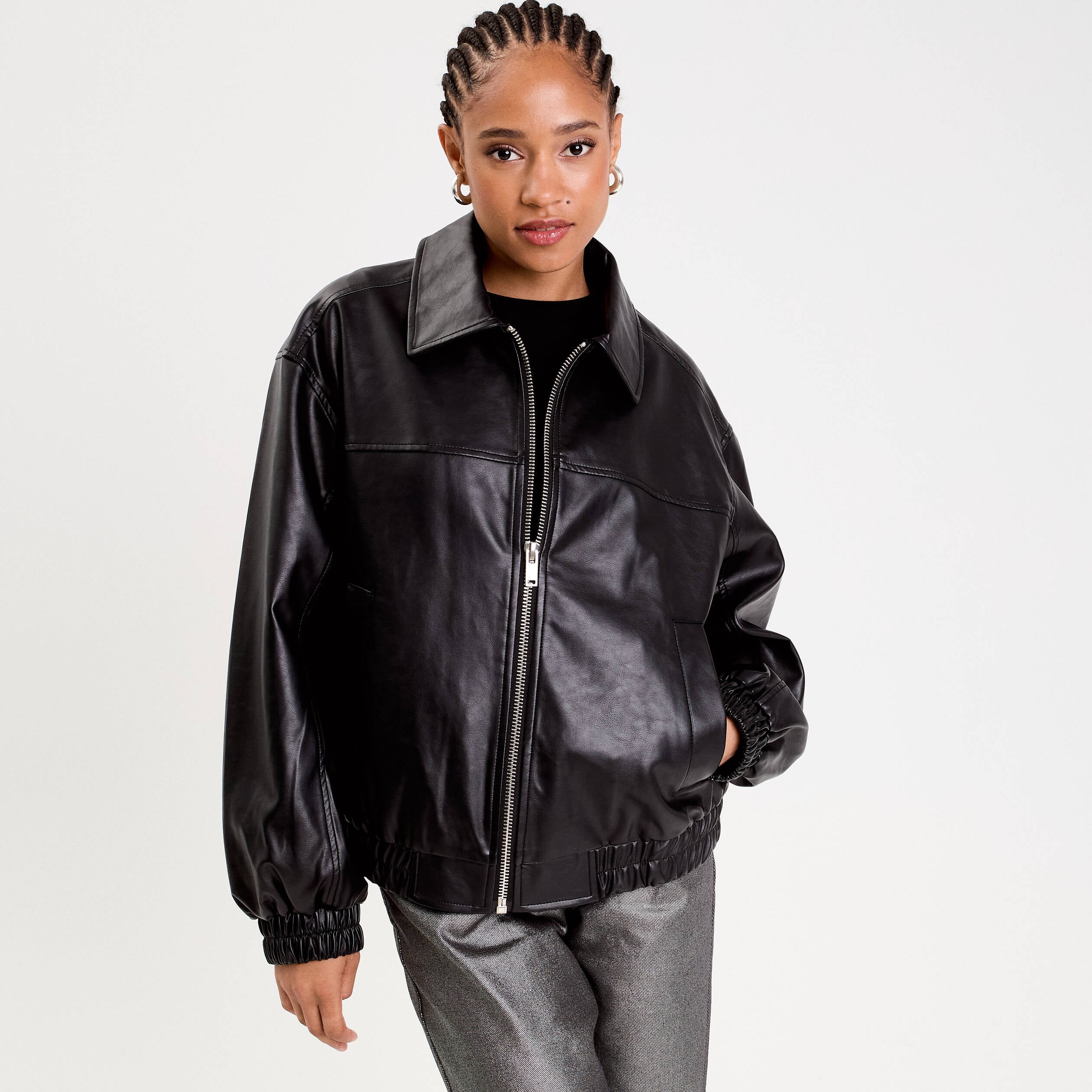 Bomber oversize similicuir col chemise noir femme