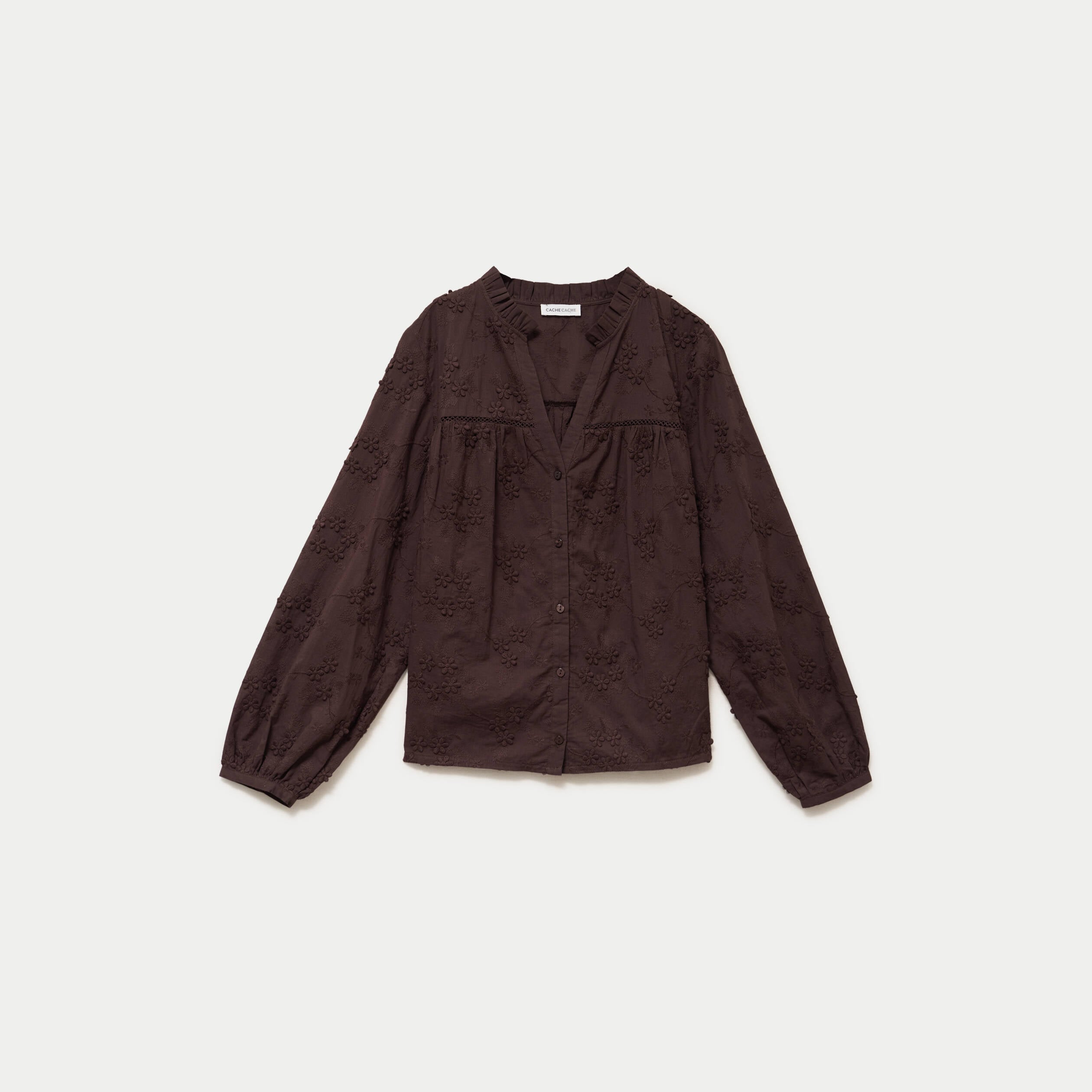 Blouse droite col rond manches longues marron fonc&eacute; femme