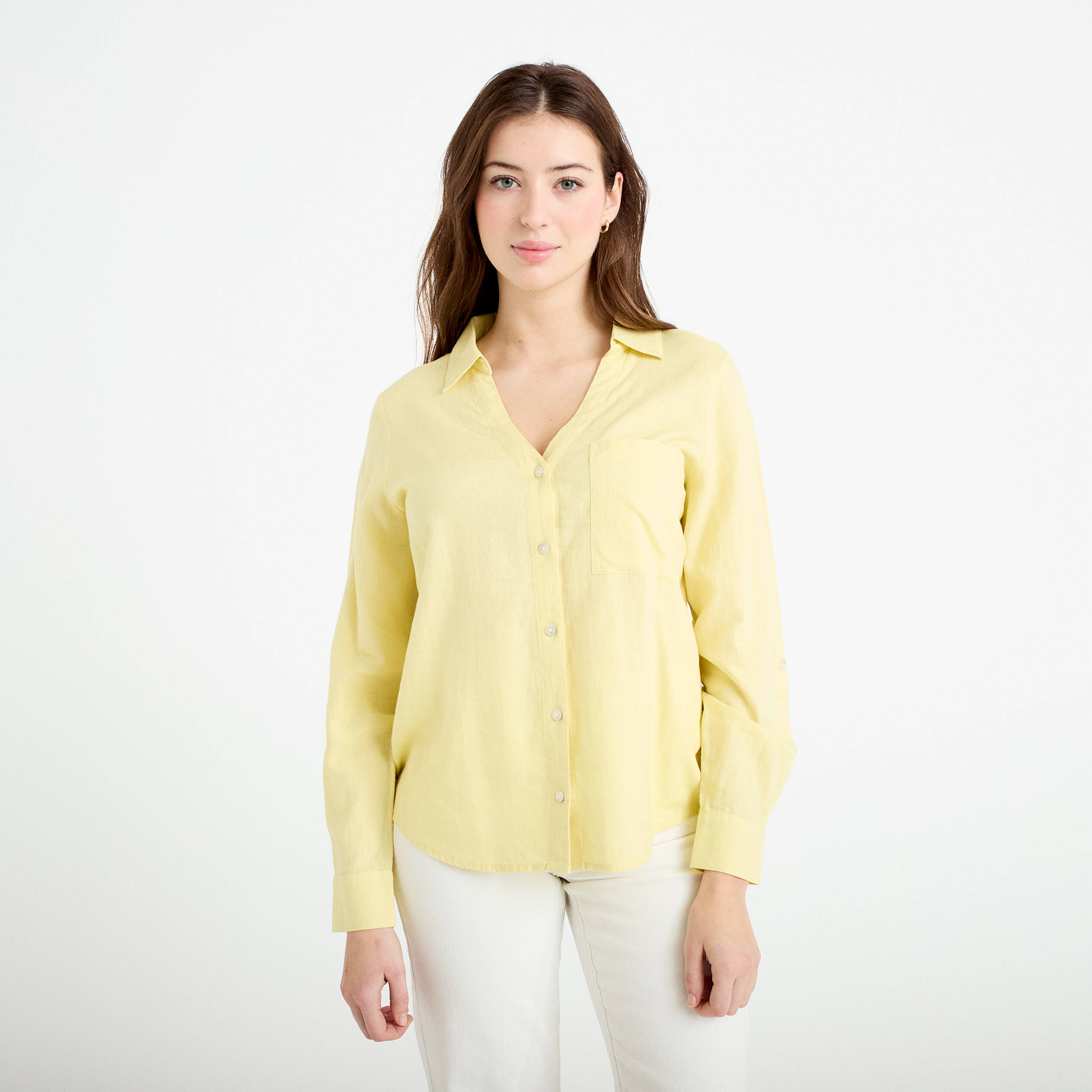Chemise lin col V manches longues jaune pastel femme