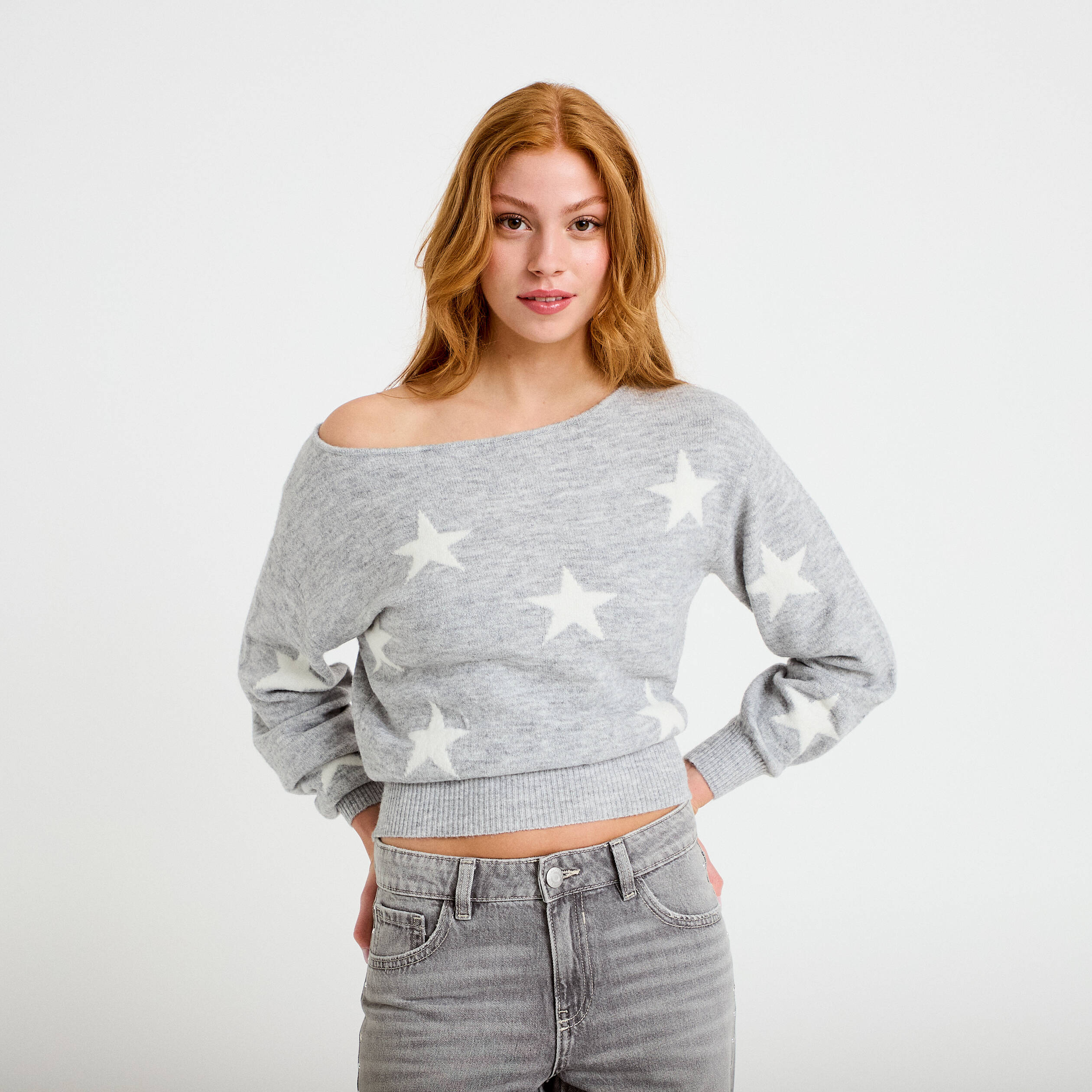 Pull col bateau manches longues gris clair femme