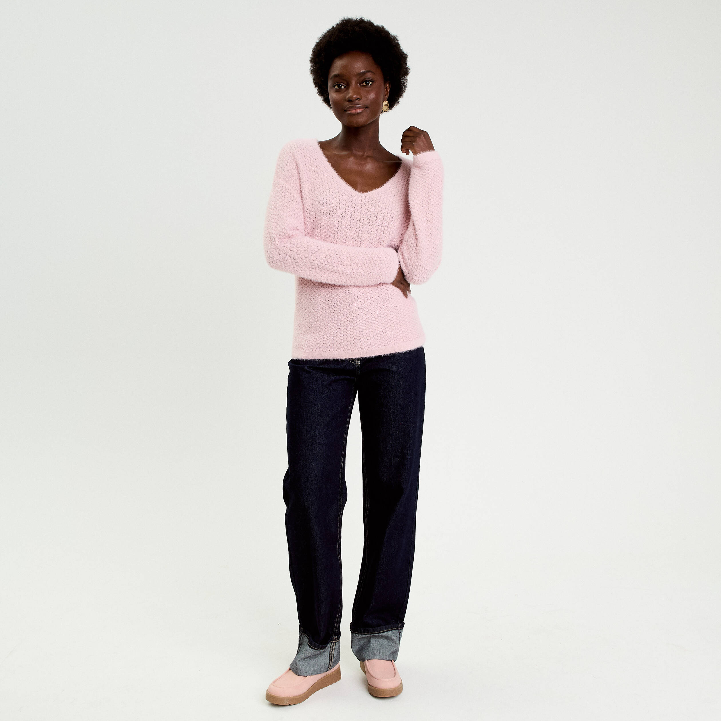 Pull col v manches longues rose pastel femme