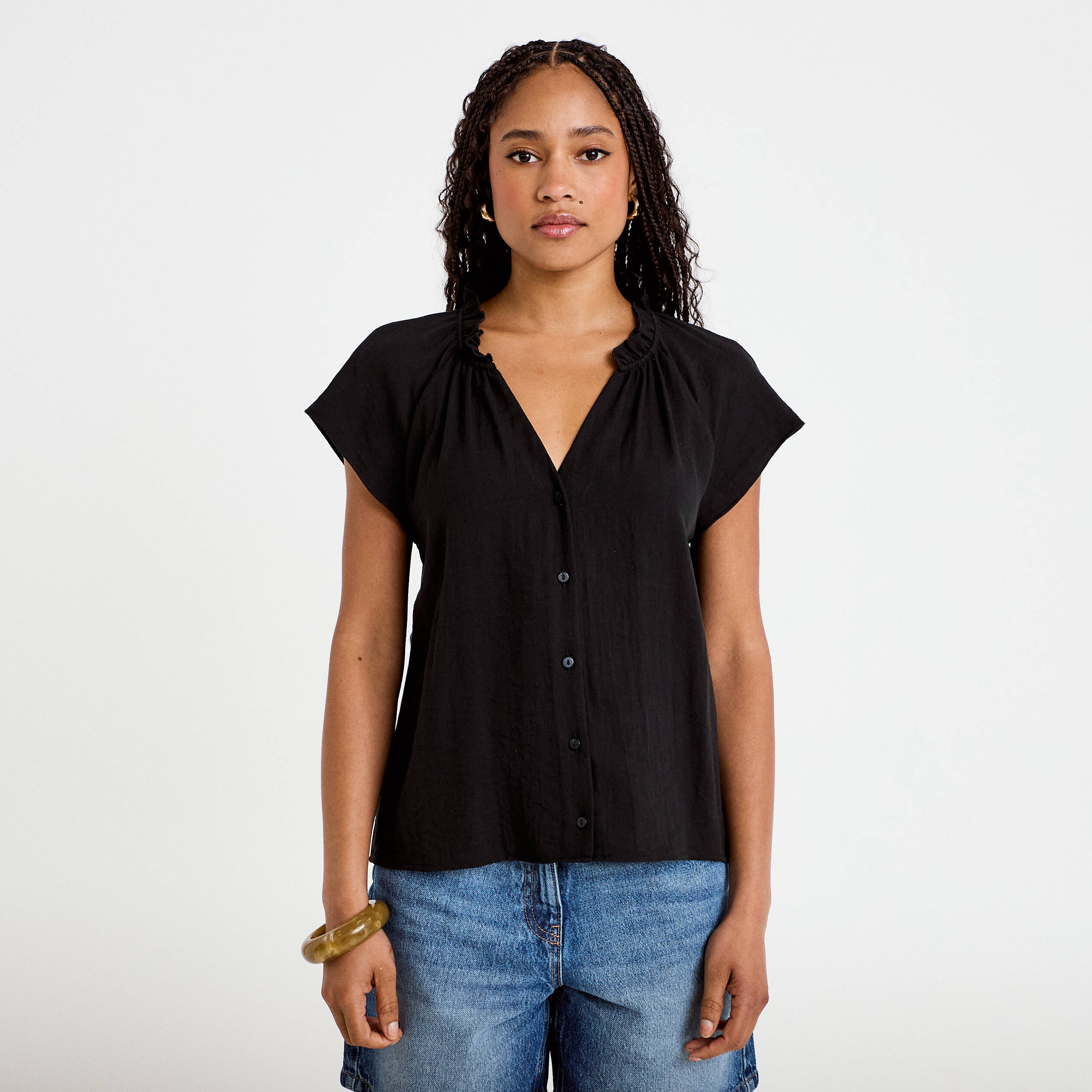 Blouse ample col v manches courtes noir femme