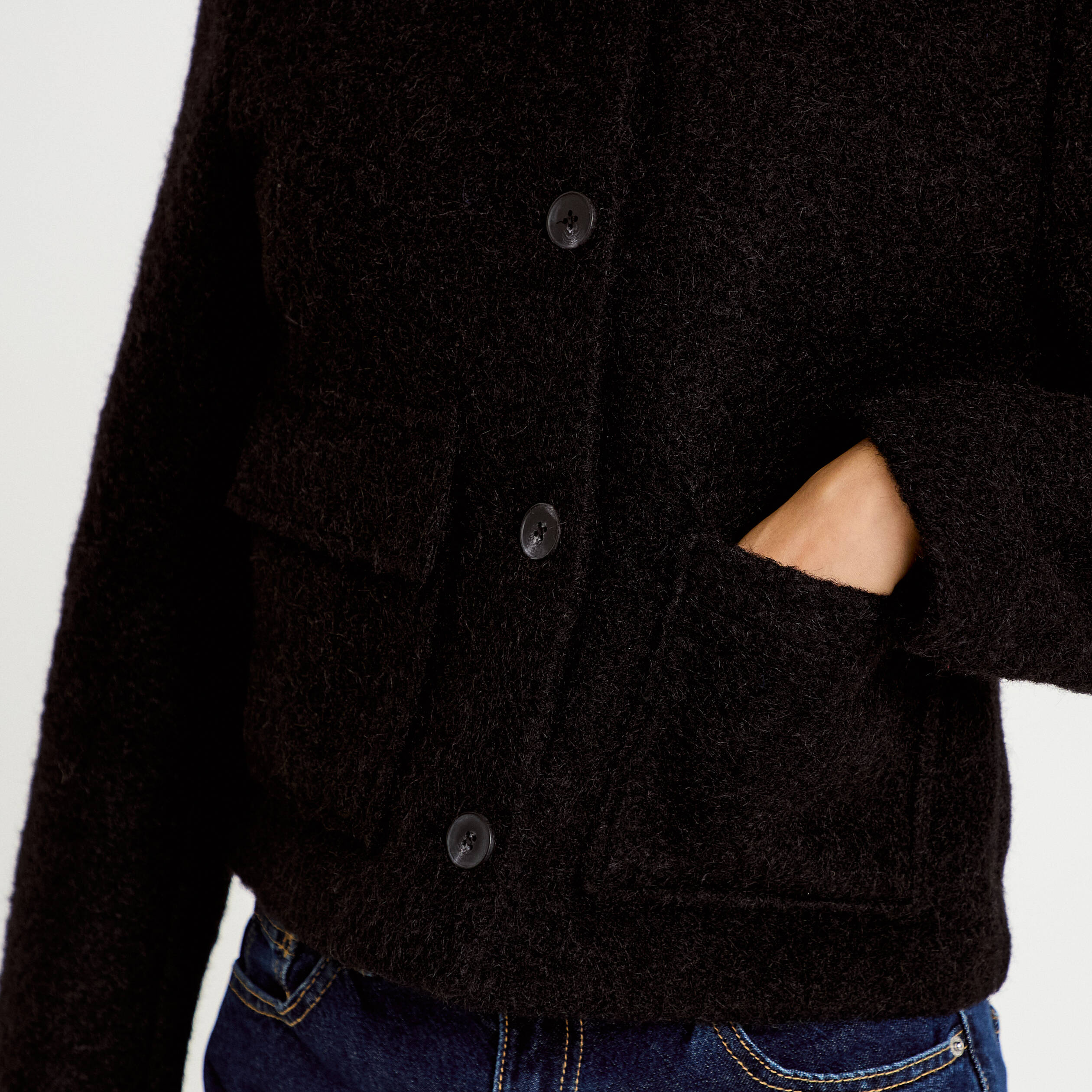 Veste droite bouclette col montant noir femme