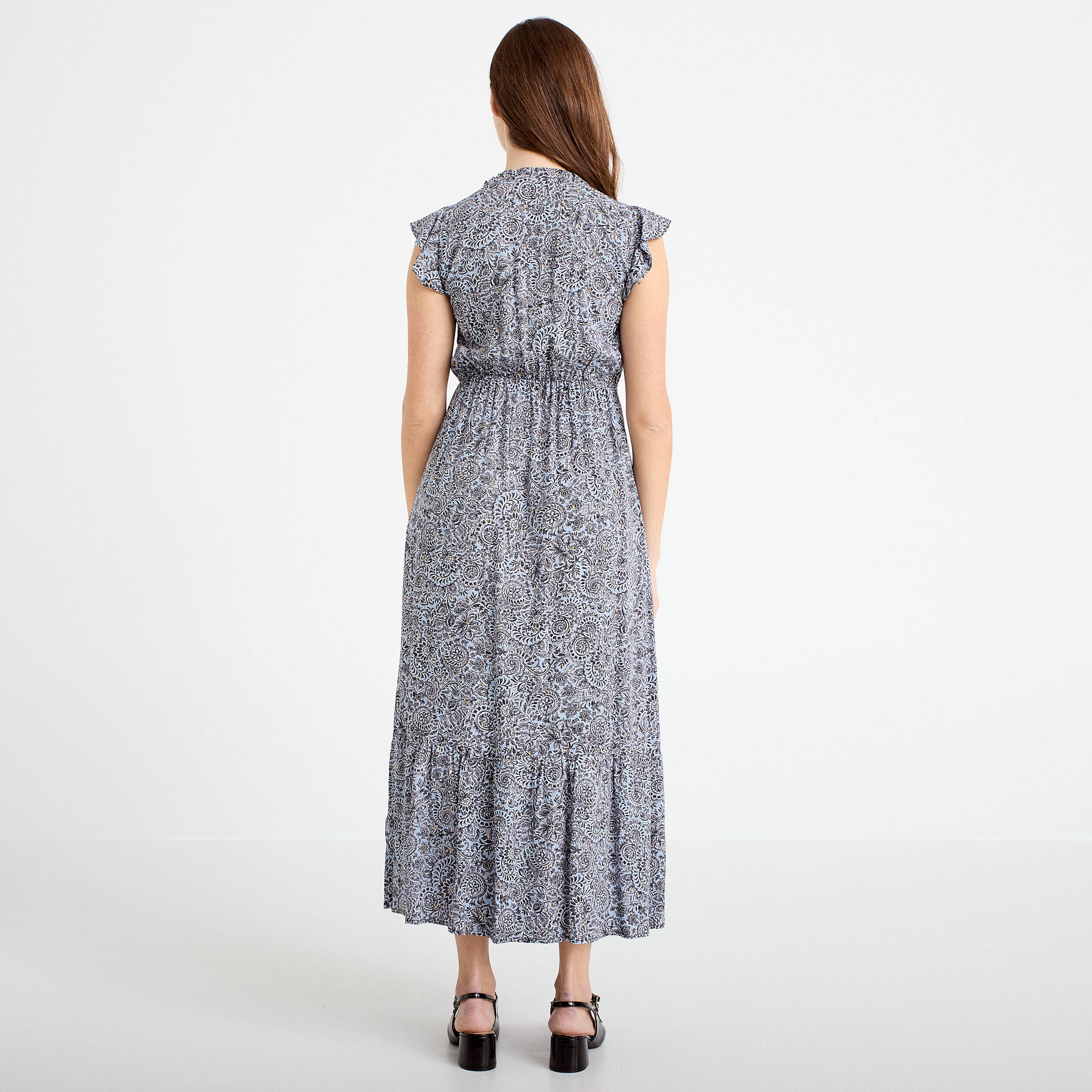 Robe longue &eacute;vas&eacute;e col v manches courtes bleu femme