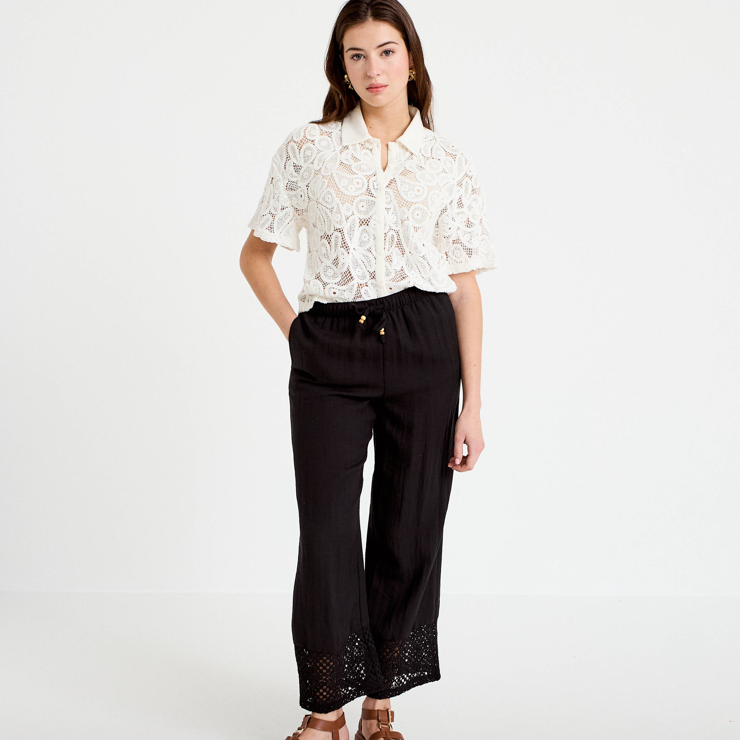 Pantalon large bi-mati&egrave;re pliss&eacute; noir femme