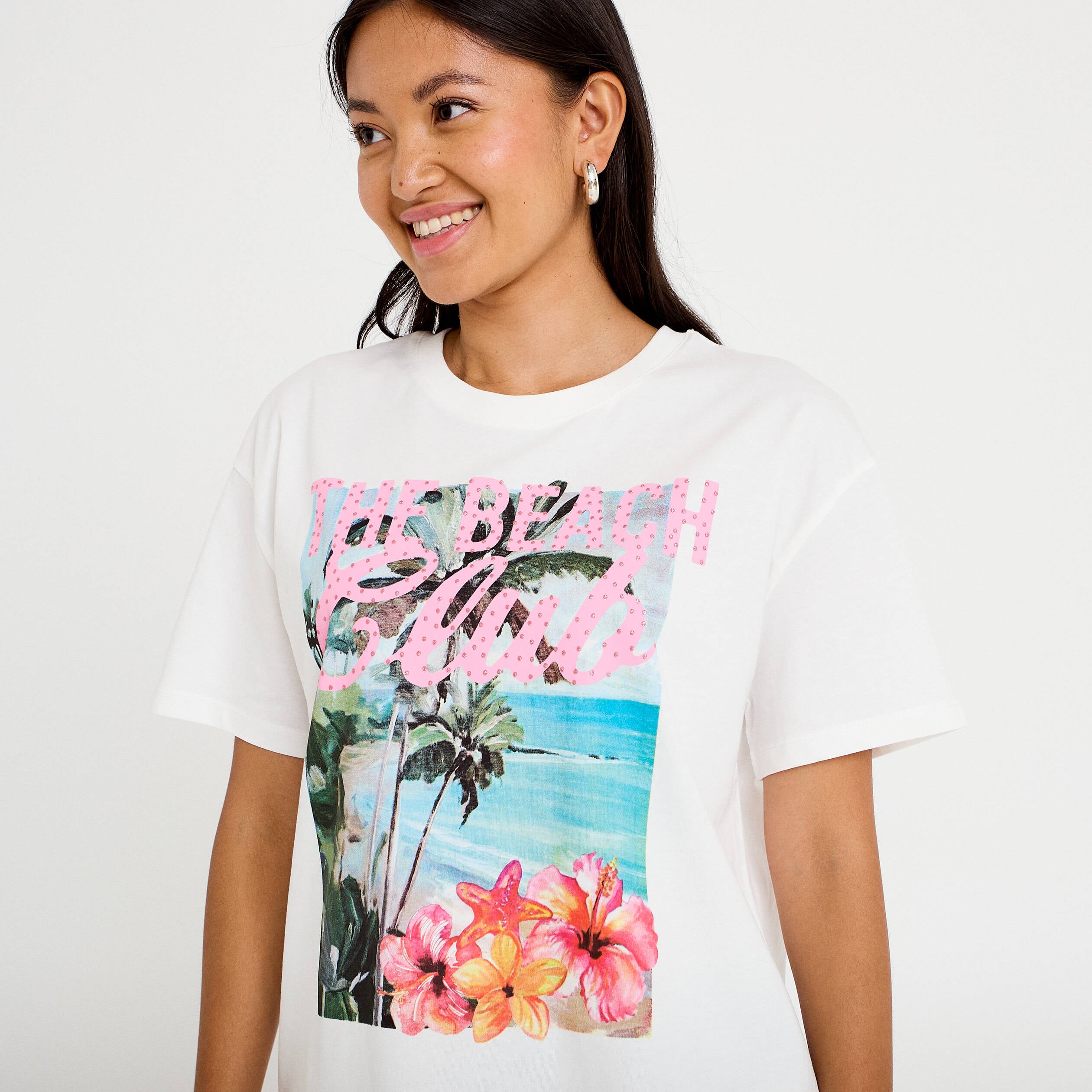 T-shirt col rond manches courtes ecru femme