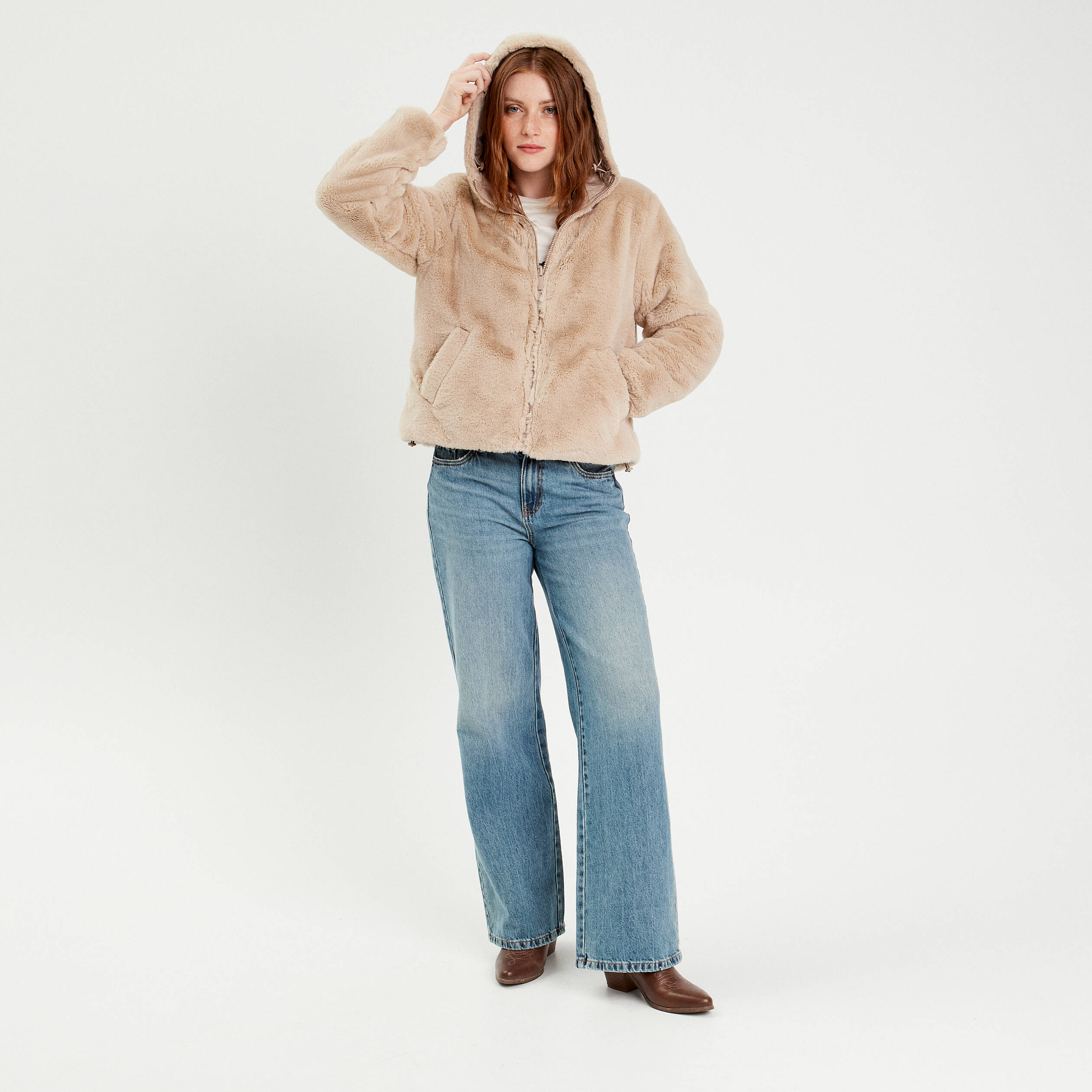 Parka r&eacute;versible &agrave; capuche beige femme