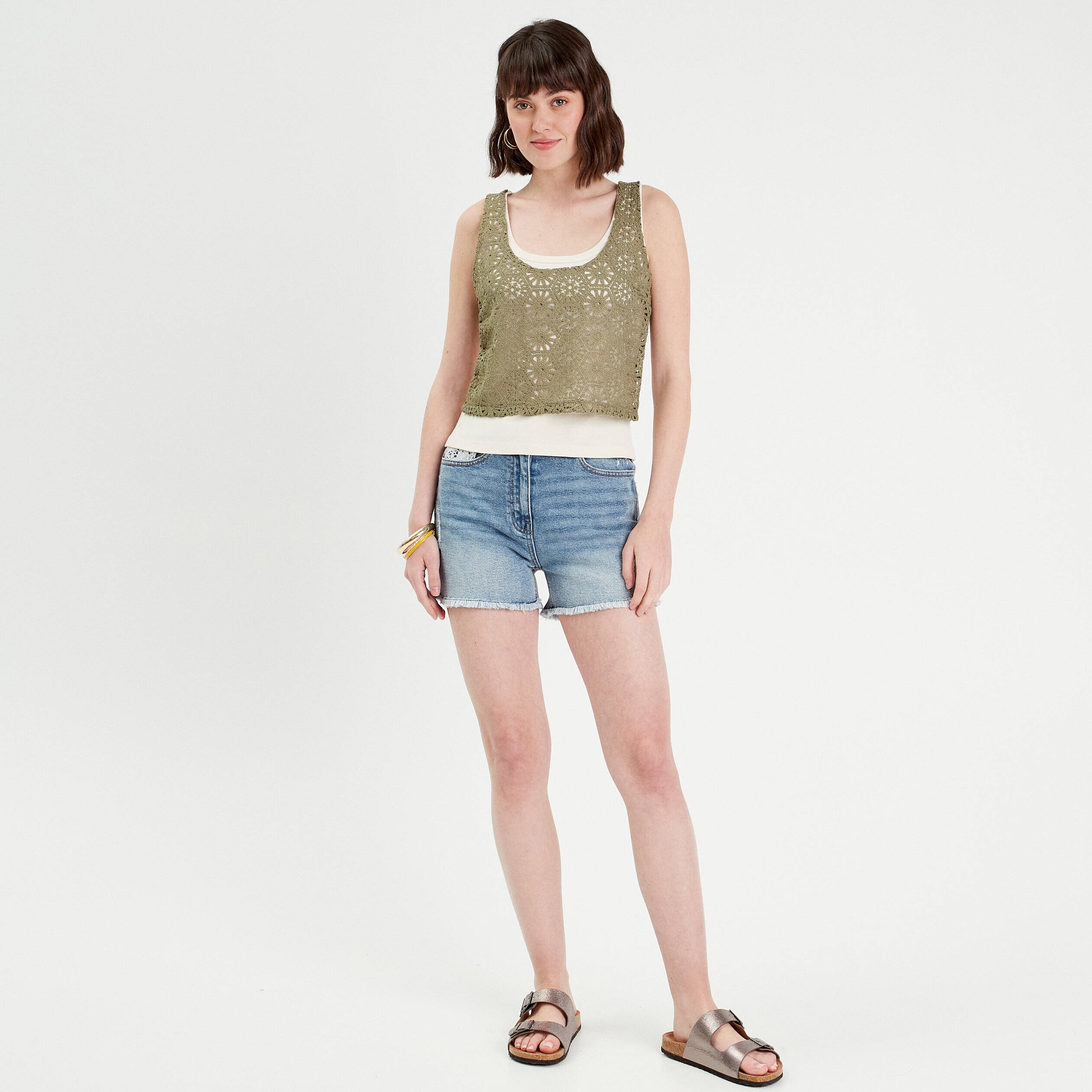 D&eacute;bardeur 2-en-1 crochet vert kaki femme