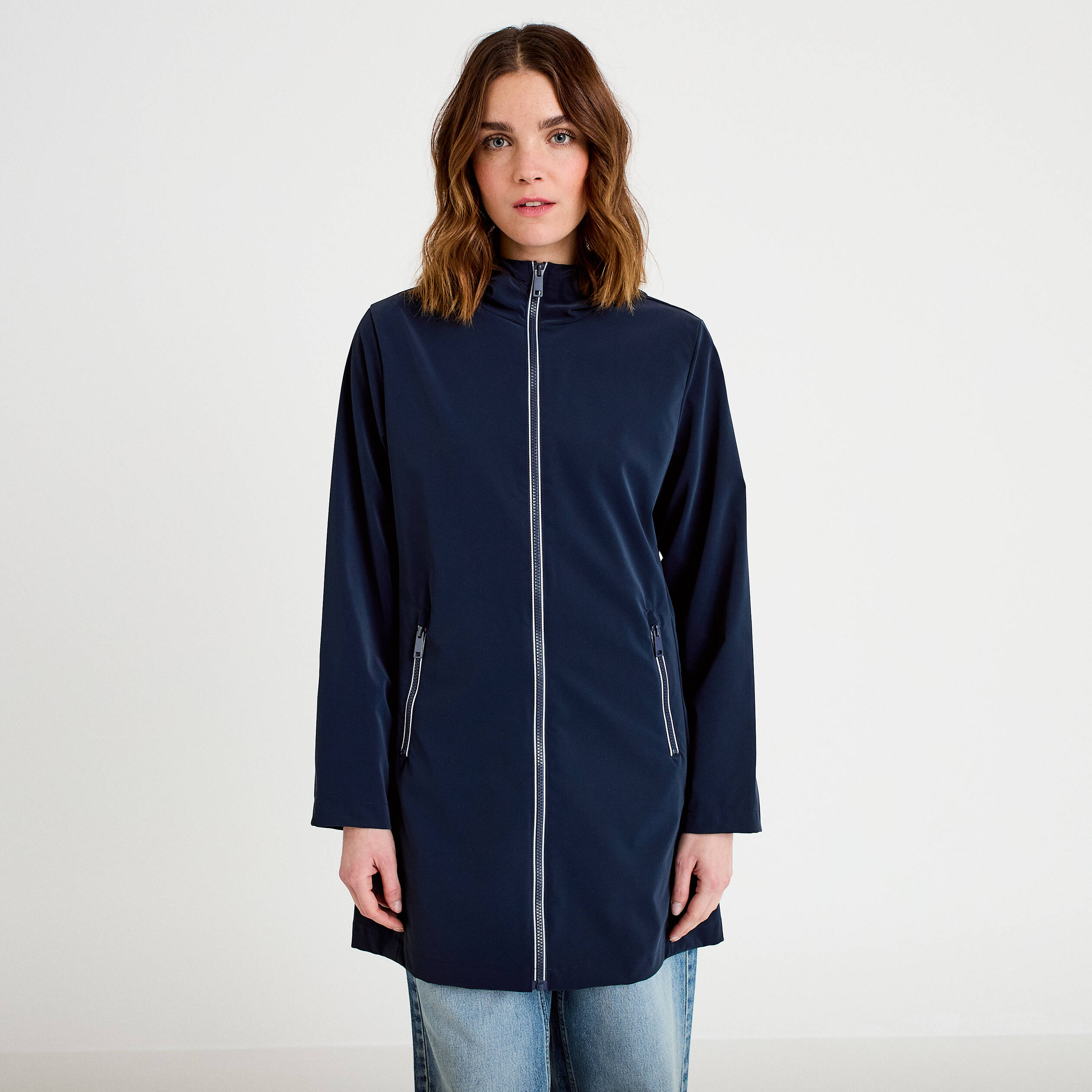 Parka &agrave; capuche manches longues bleu marine femme