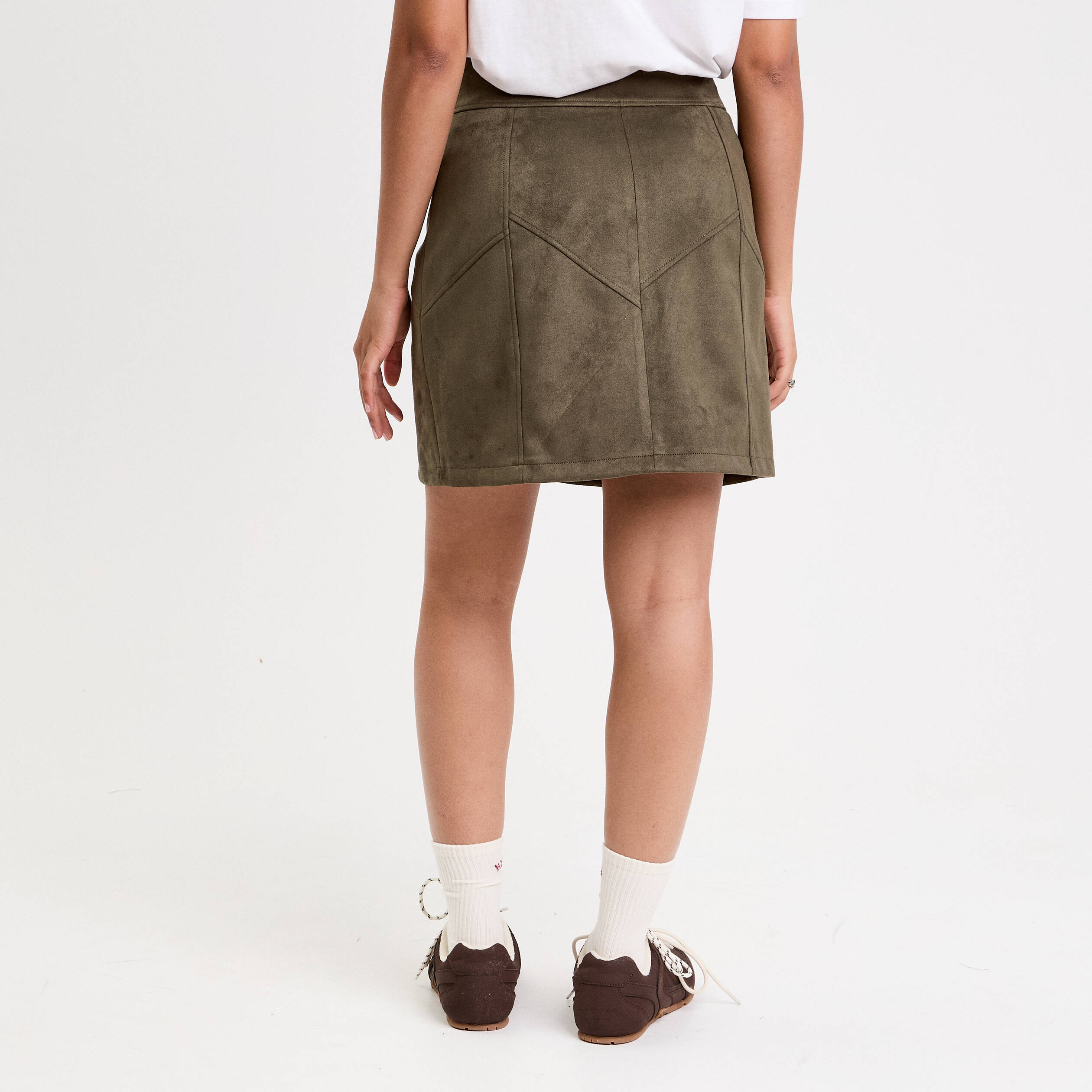 Jupe trap&egrave;ze courte aspect daim vert kaki femme