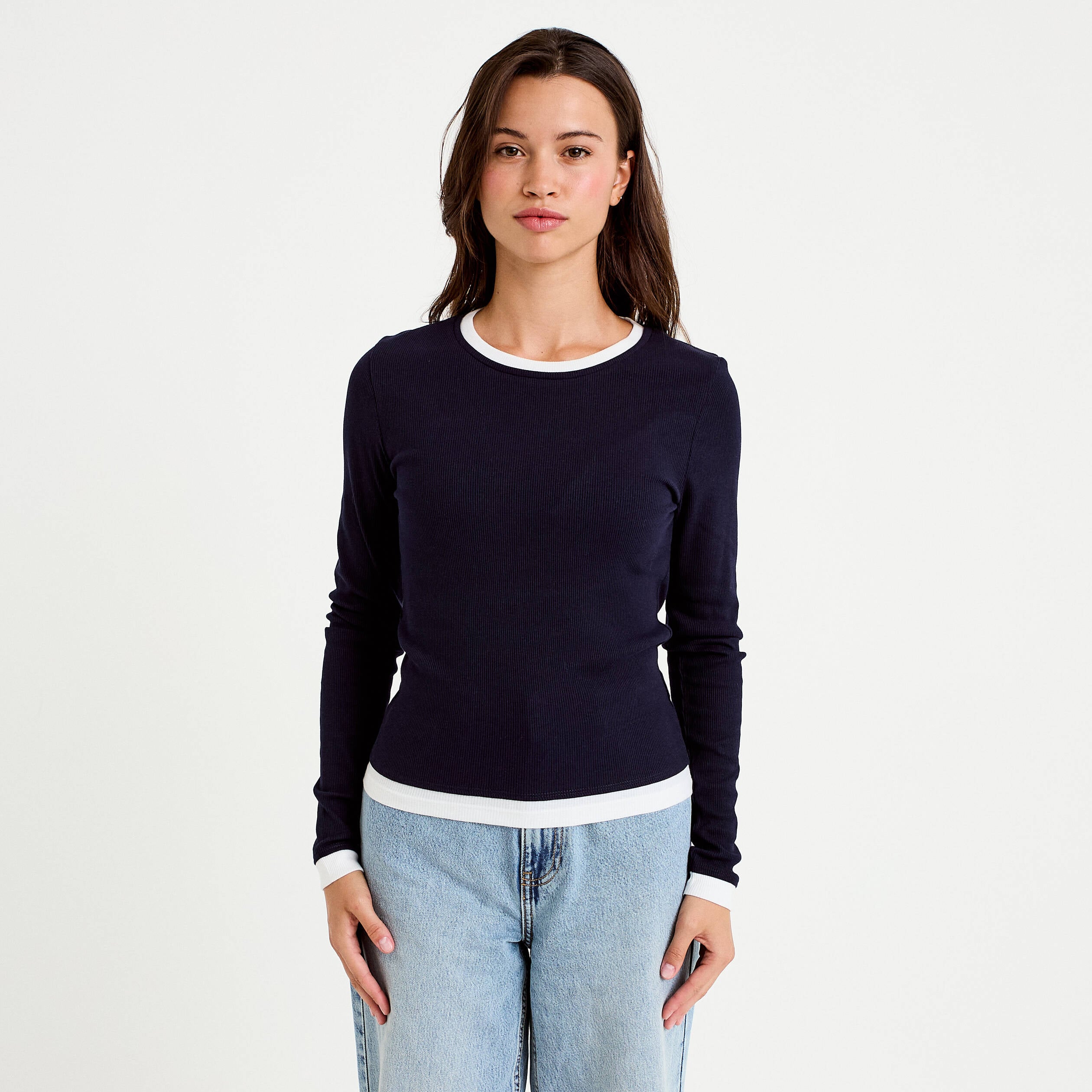 T-shirt 2-en-1 col rond manches longues bleu marine femme