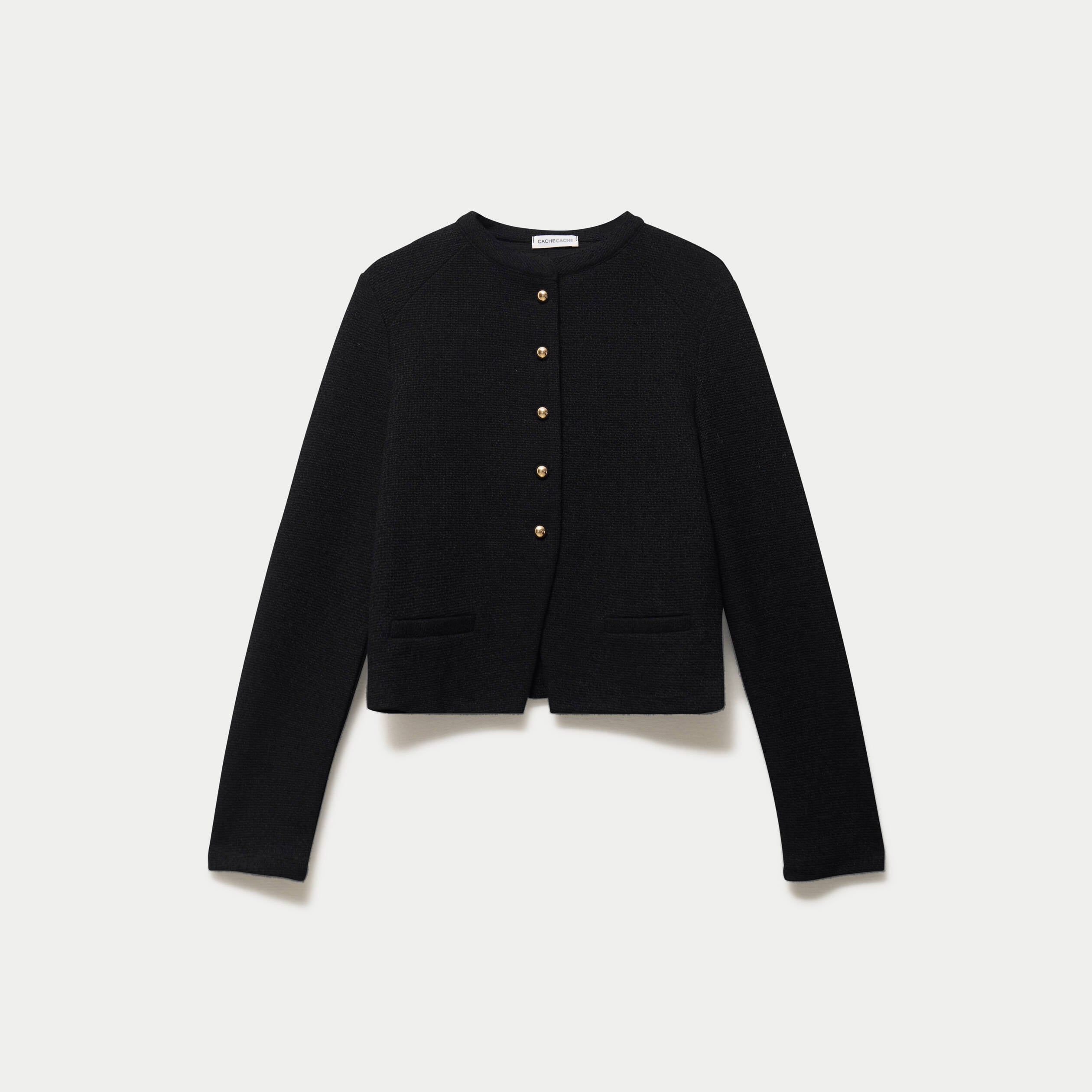 Veste tweed droite cropped col rond noir femme