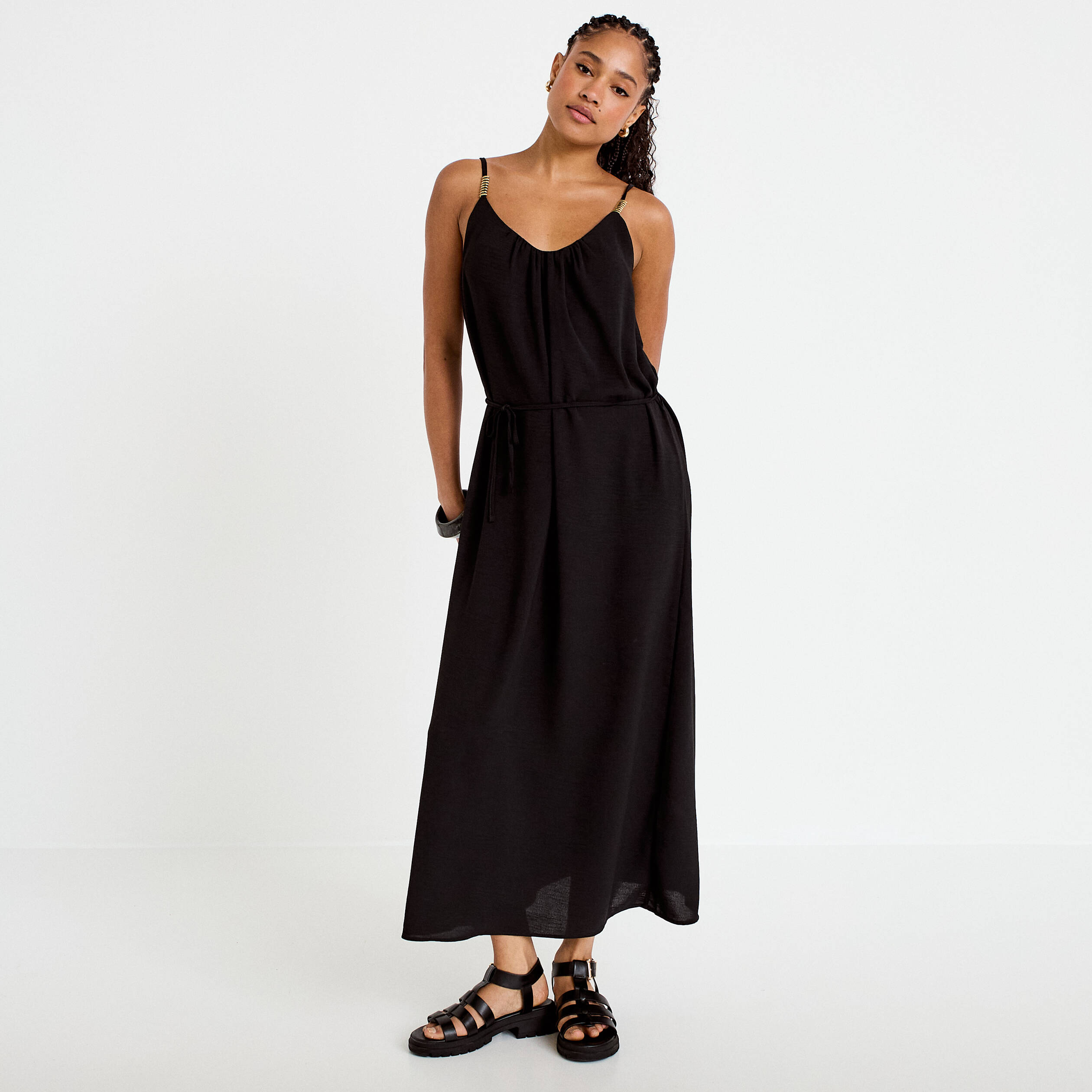 Robe longue &eacute;vas&eacute;e &agrave; fines bretelles noir femme