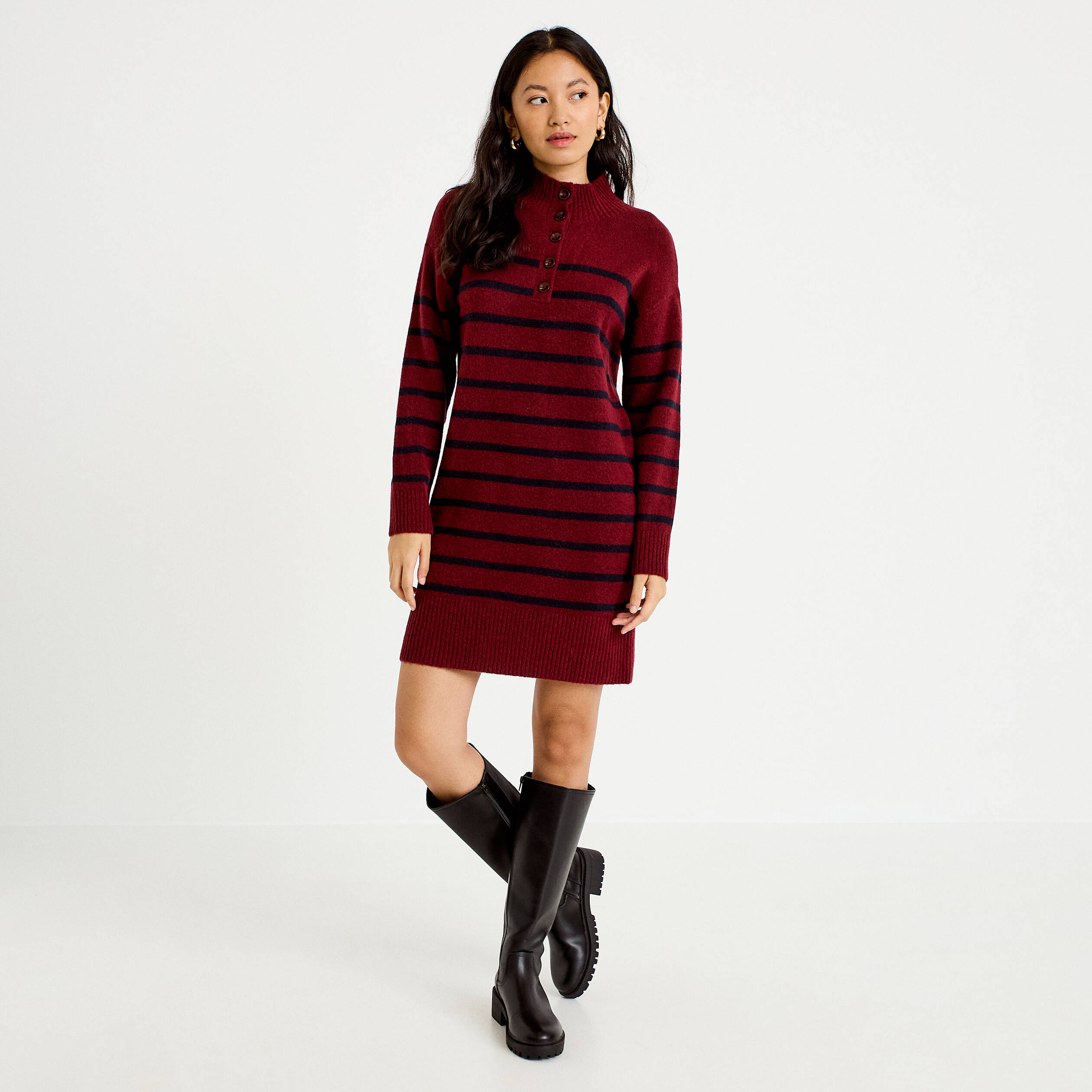 Robe pull droite manches longues 3/4 rouge fonc&eacute; femme