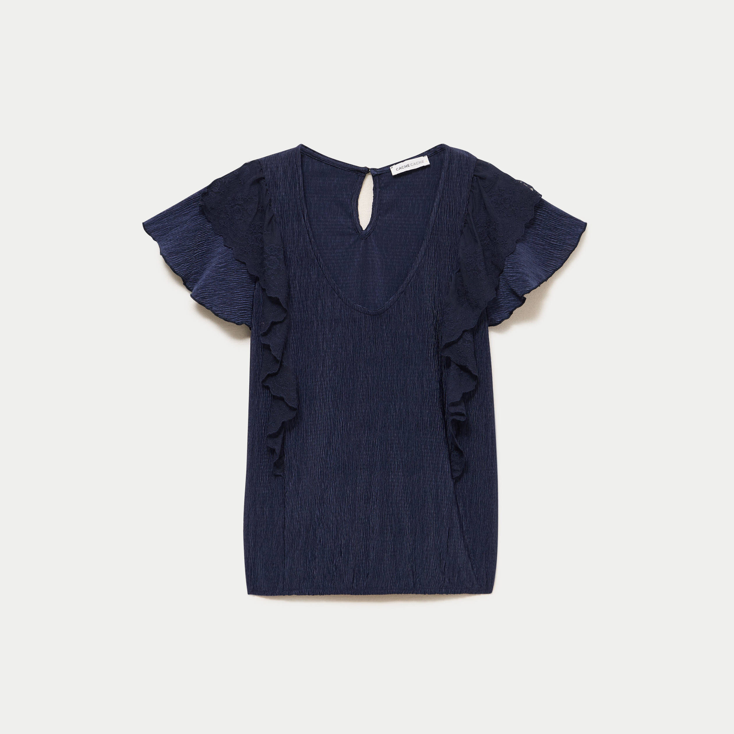 Blouse col v manches courtes dentelle bleu marine femme