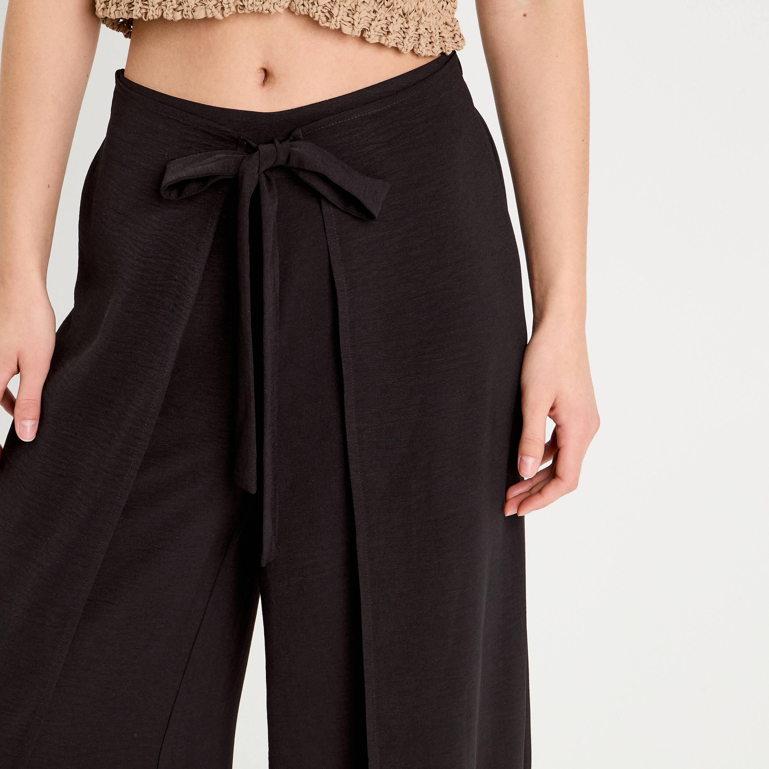 Pantalon large taille haute fluide noir femme