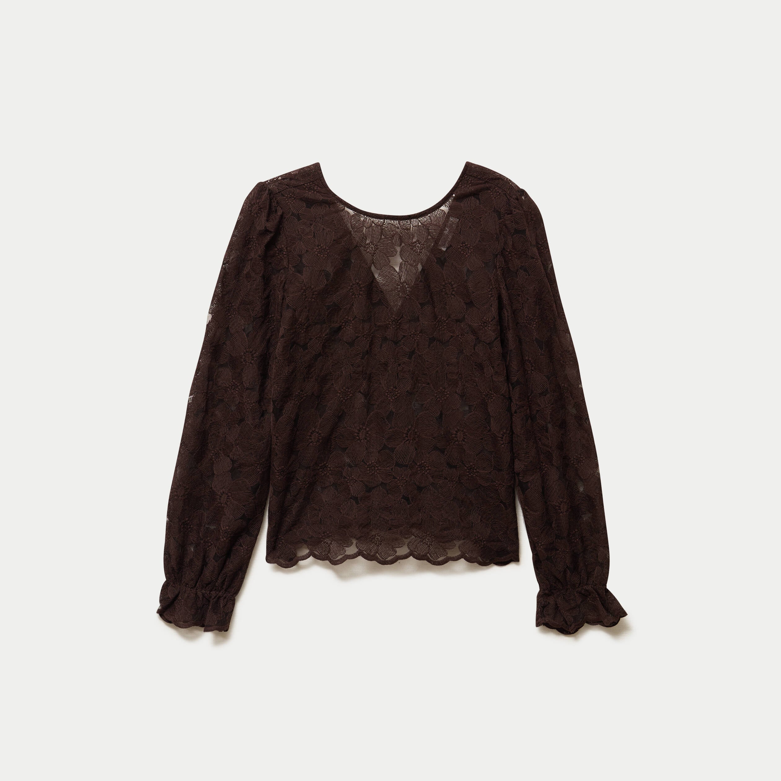 Blouse en dentelle d&eacute;collet&eacute; dos marron fonc&eacute; femme