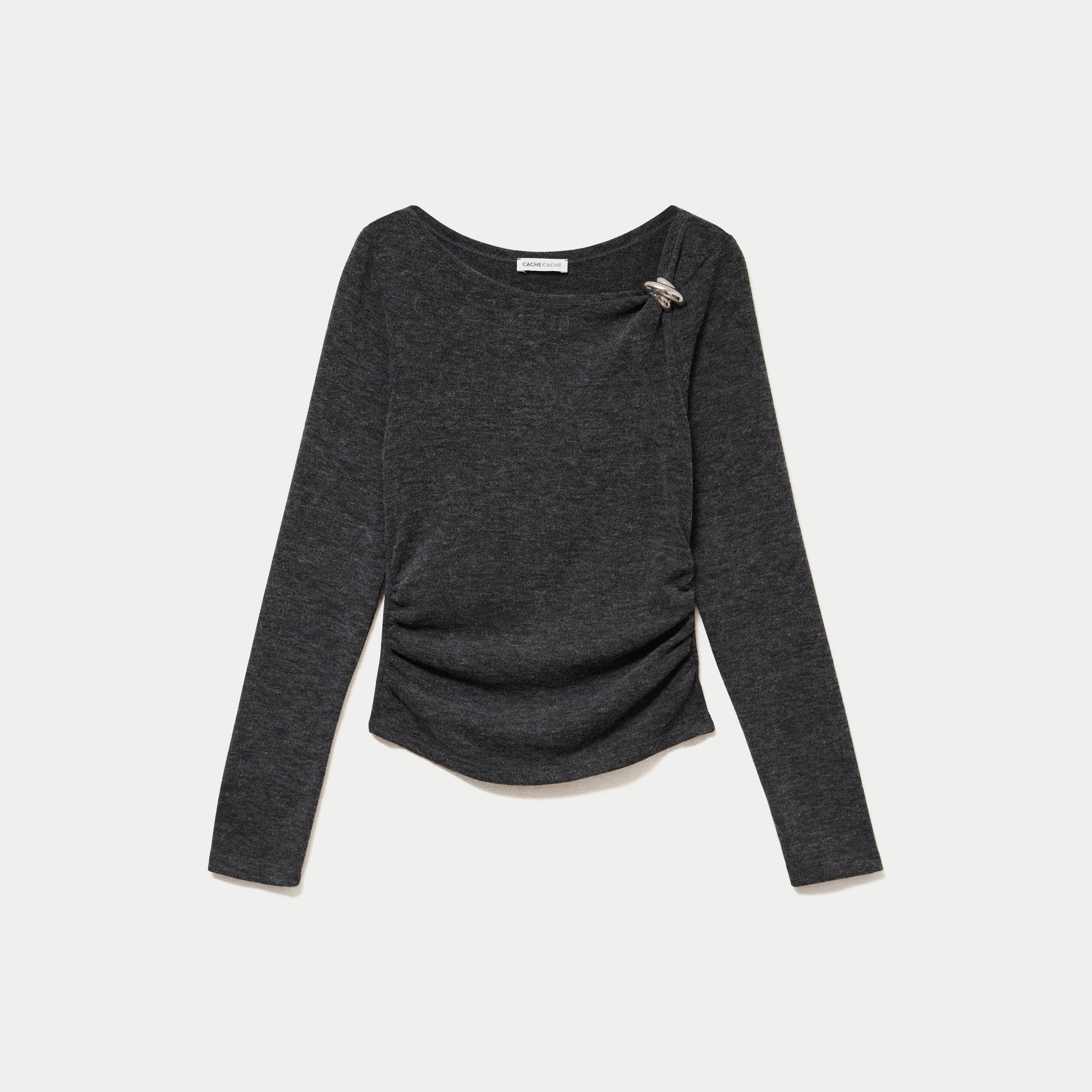 Top cintr&eacute; col bateau manches longues gris fonc&eacute; femme