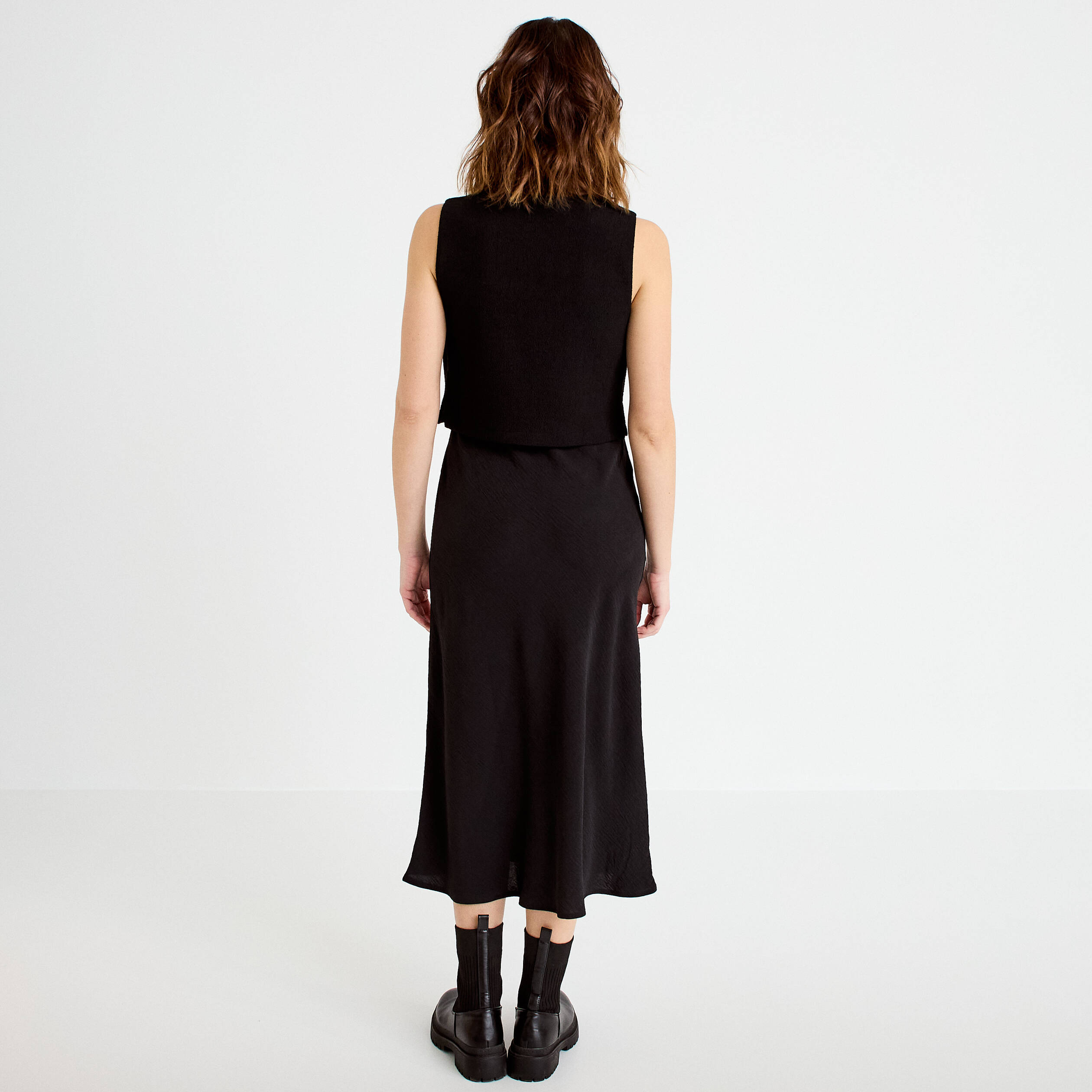 Robe bi-mati&egrave;re droite sans manches noir femme