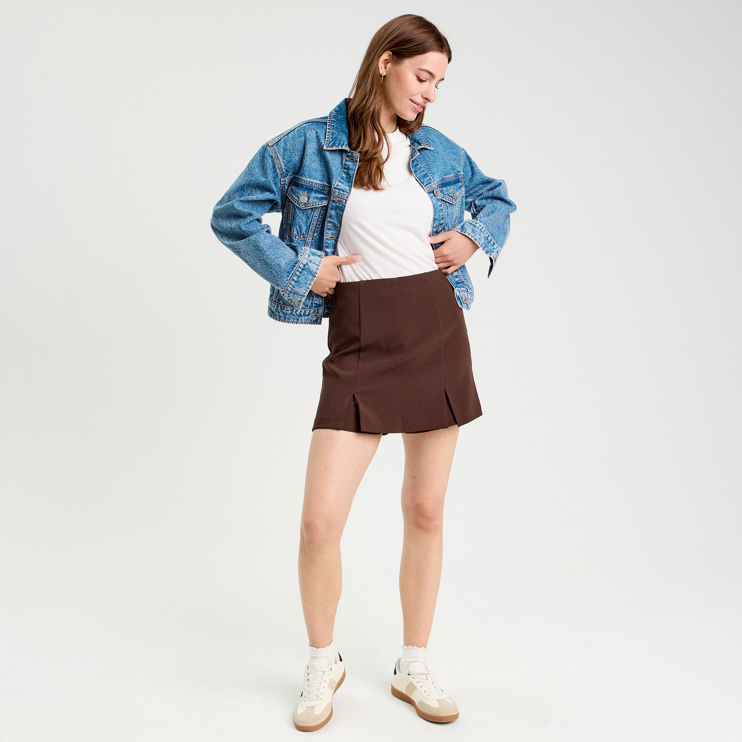 Jupe-short droite fentes marron fonc&eacute; femme