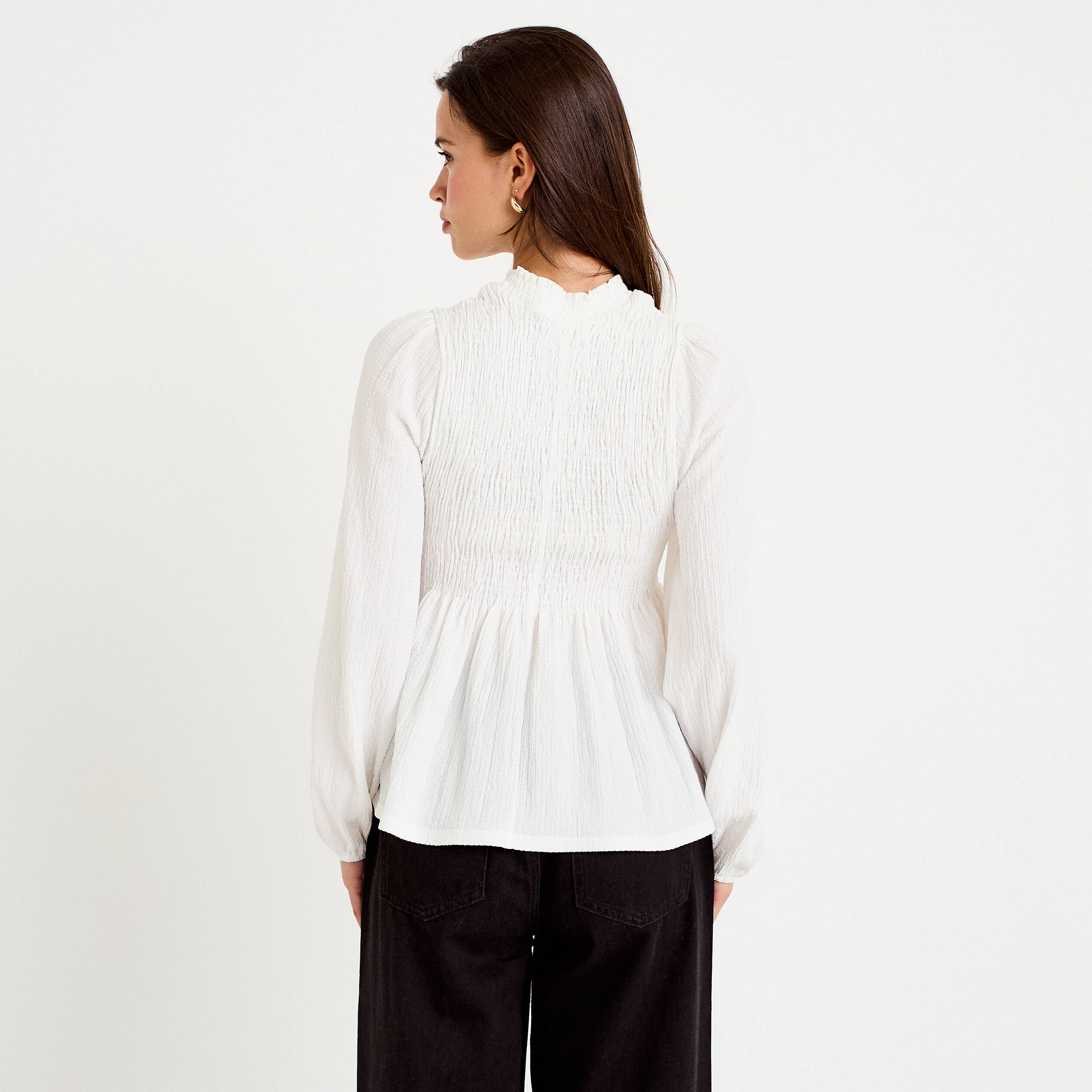 Blouse p&eacute;plum manches longues pliss&eacute;e ecru femme