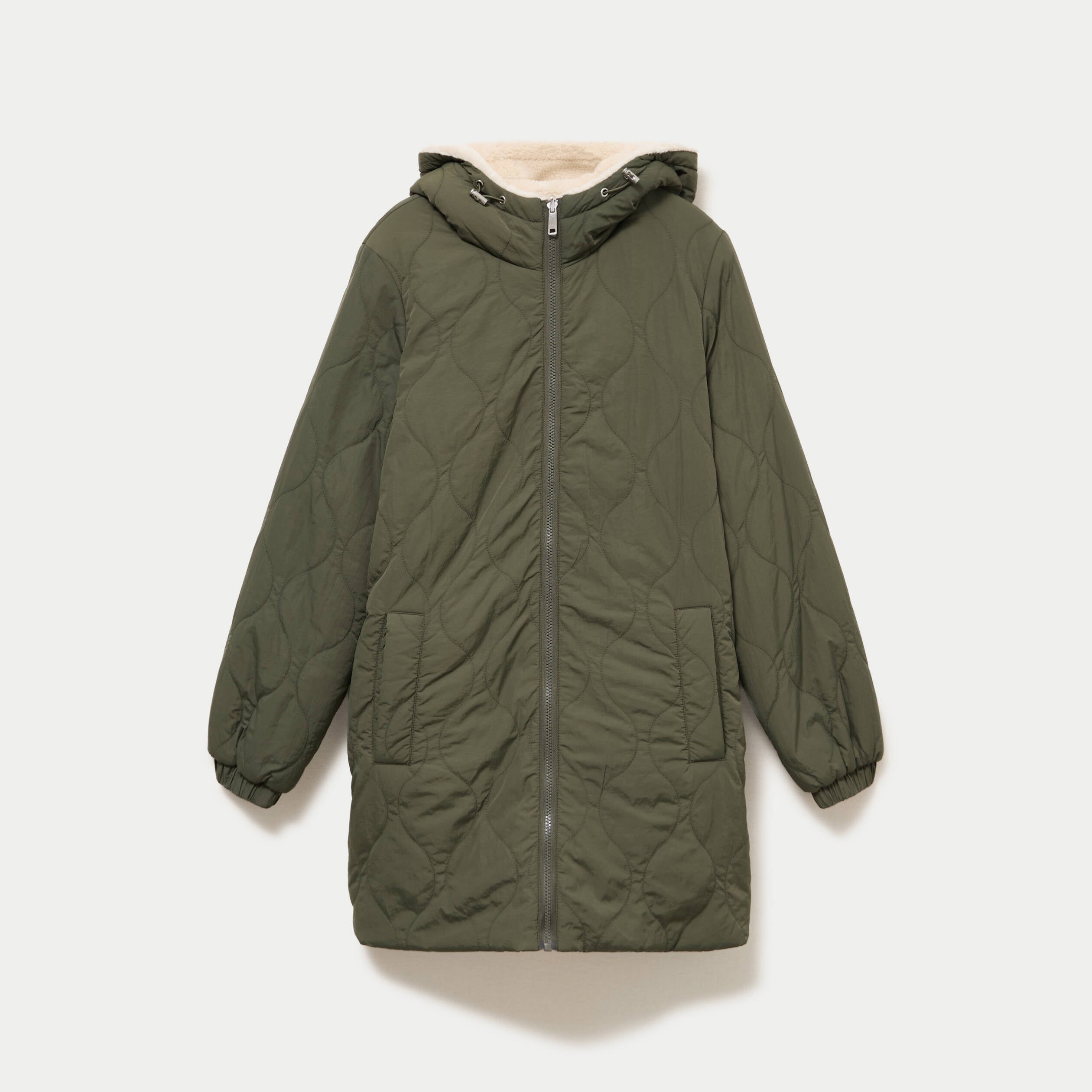 Parka r&eacute;versible effet polaire vert kaki femme