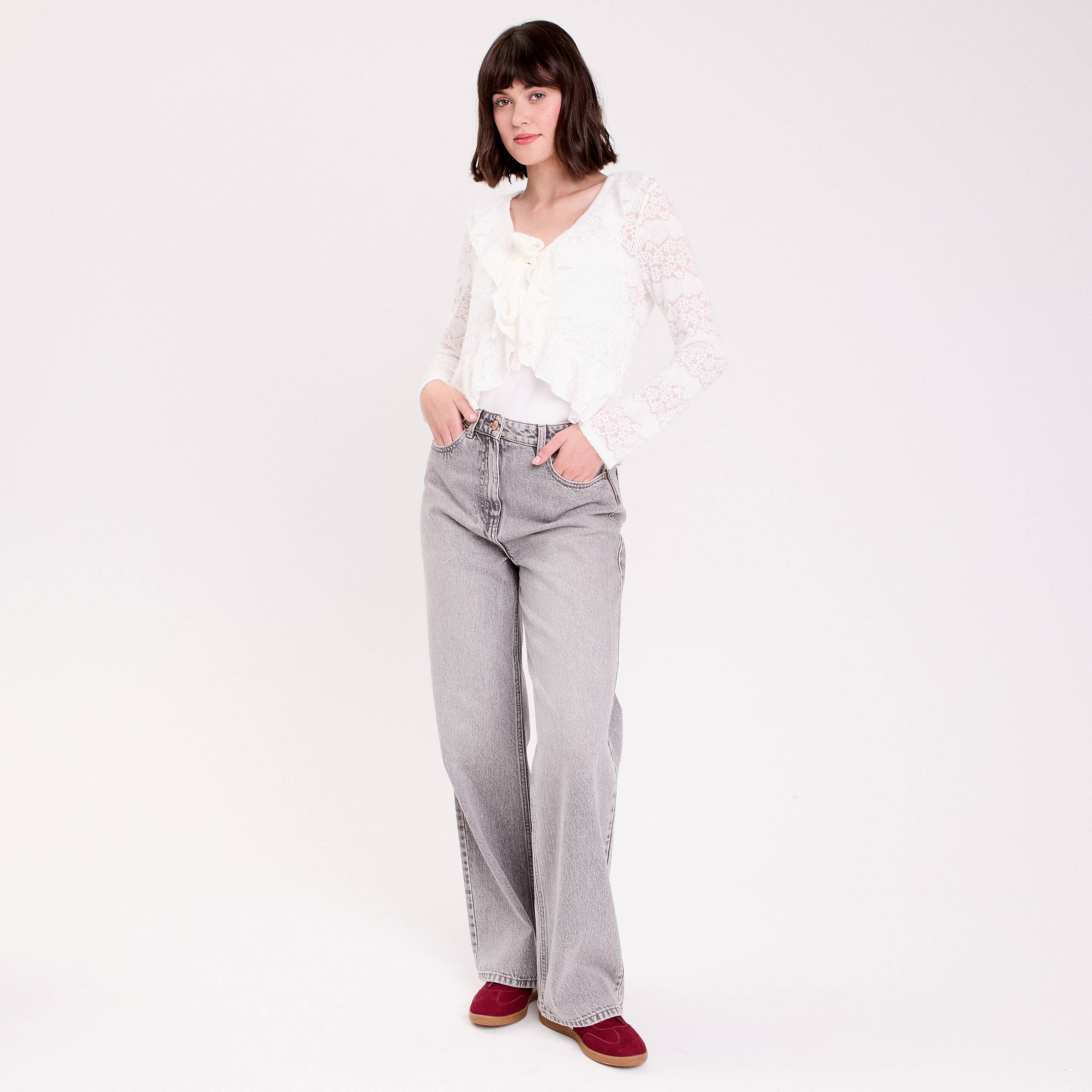 Gilet cintr&eacute; ajour&eacute; manches longues ecru femme
