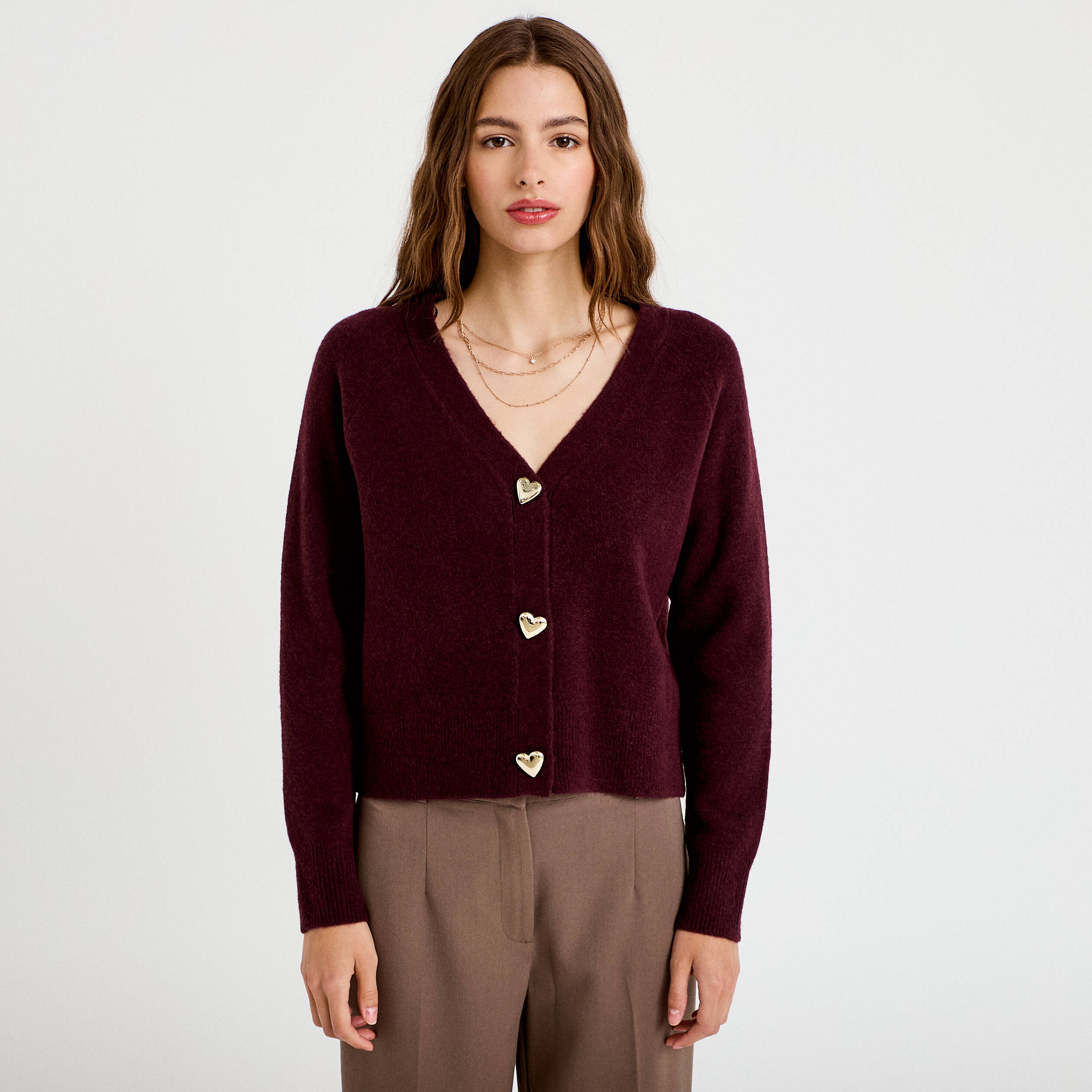 Gilet boutons coeur prune femme