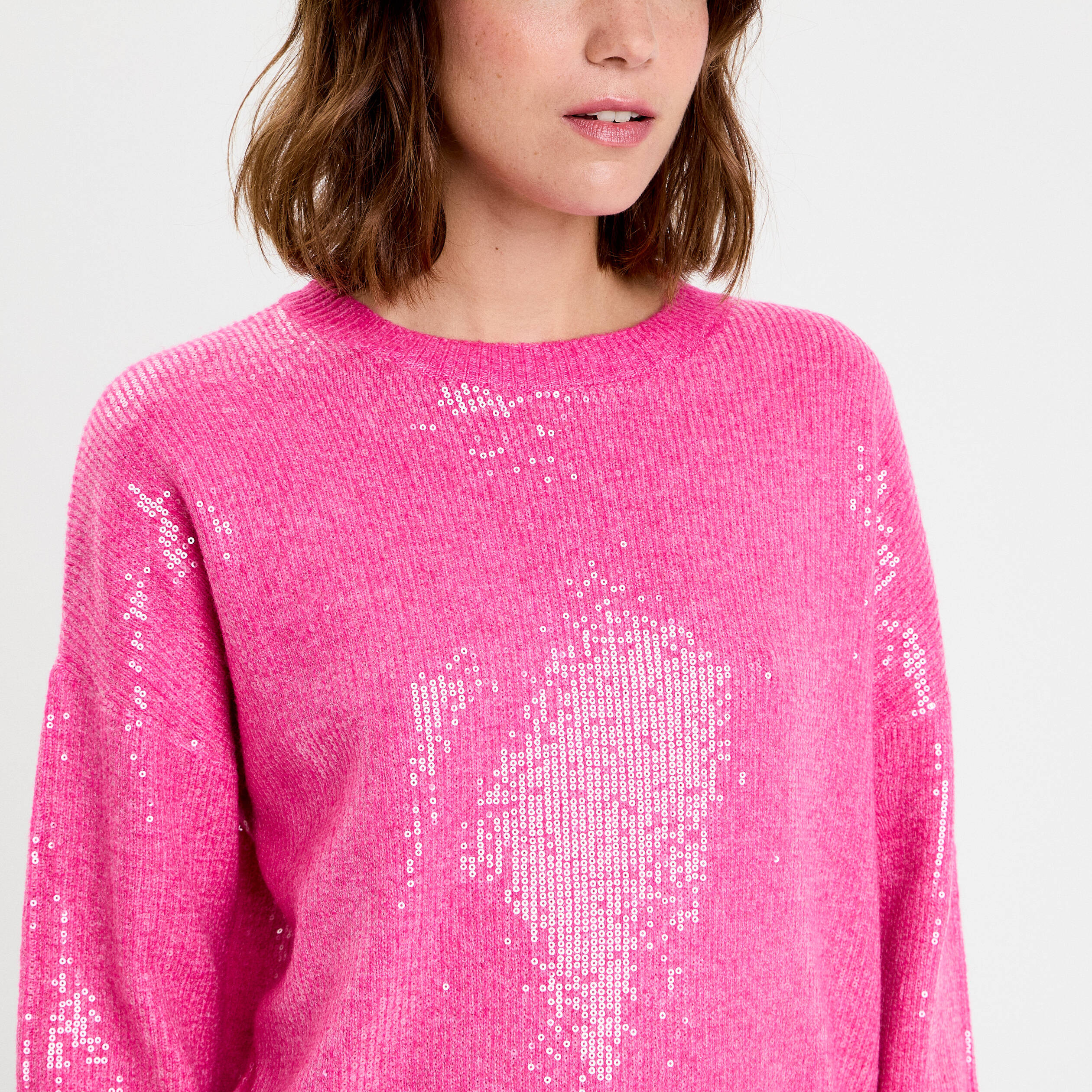Pull manches longues avec sequins rose fushia femme