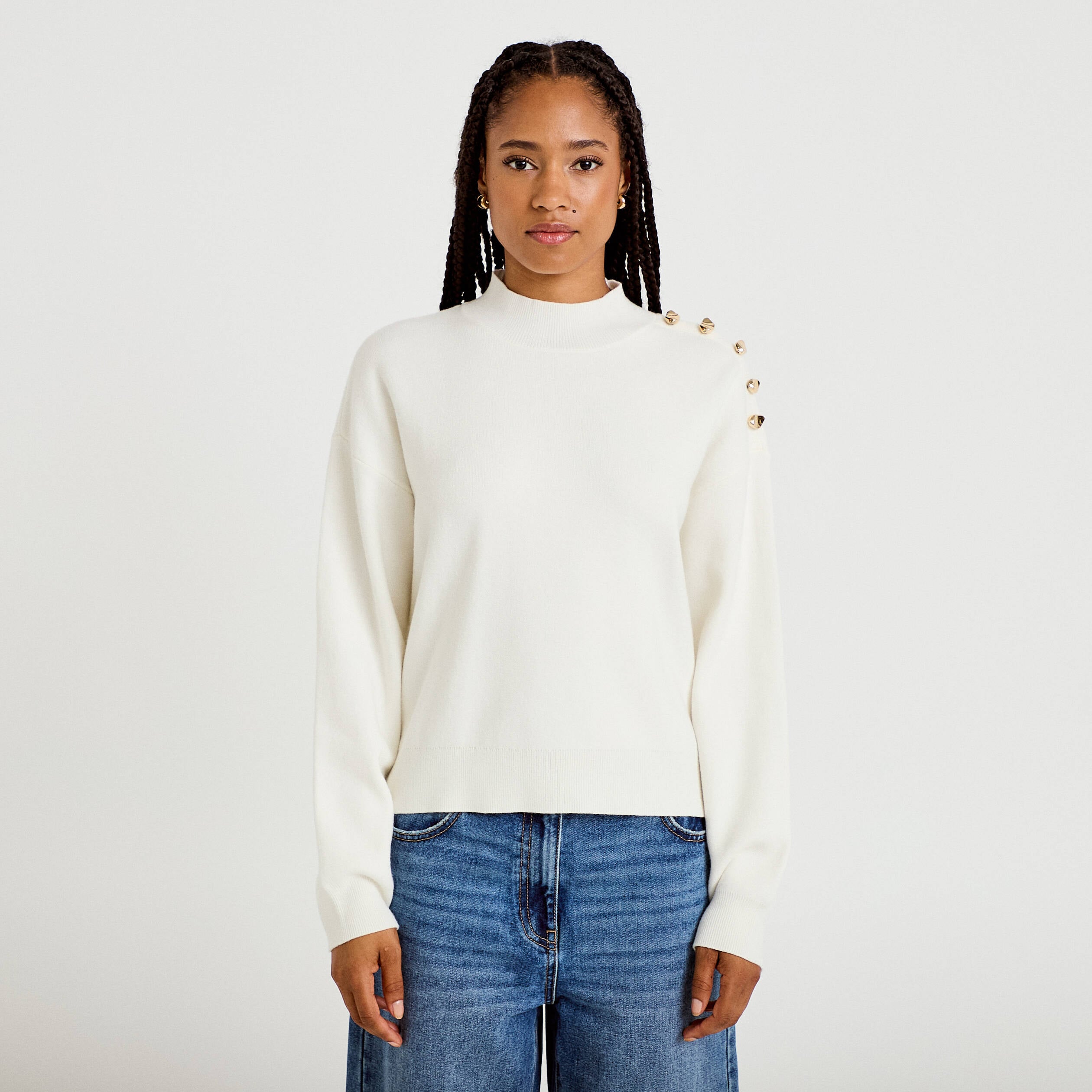 Pull col montant manches longues ecru femme