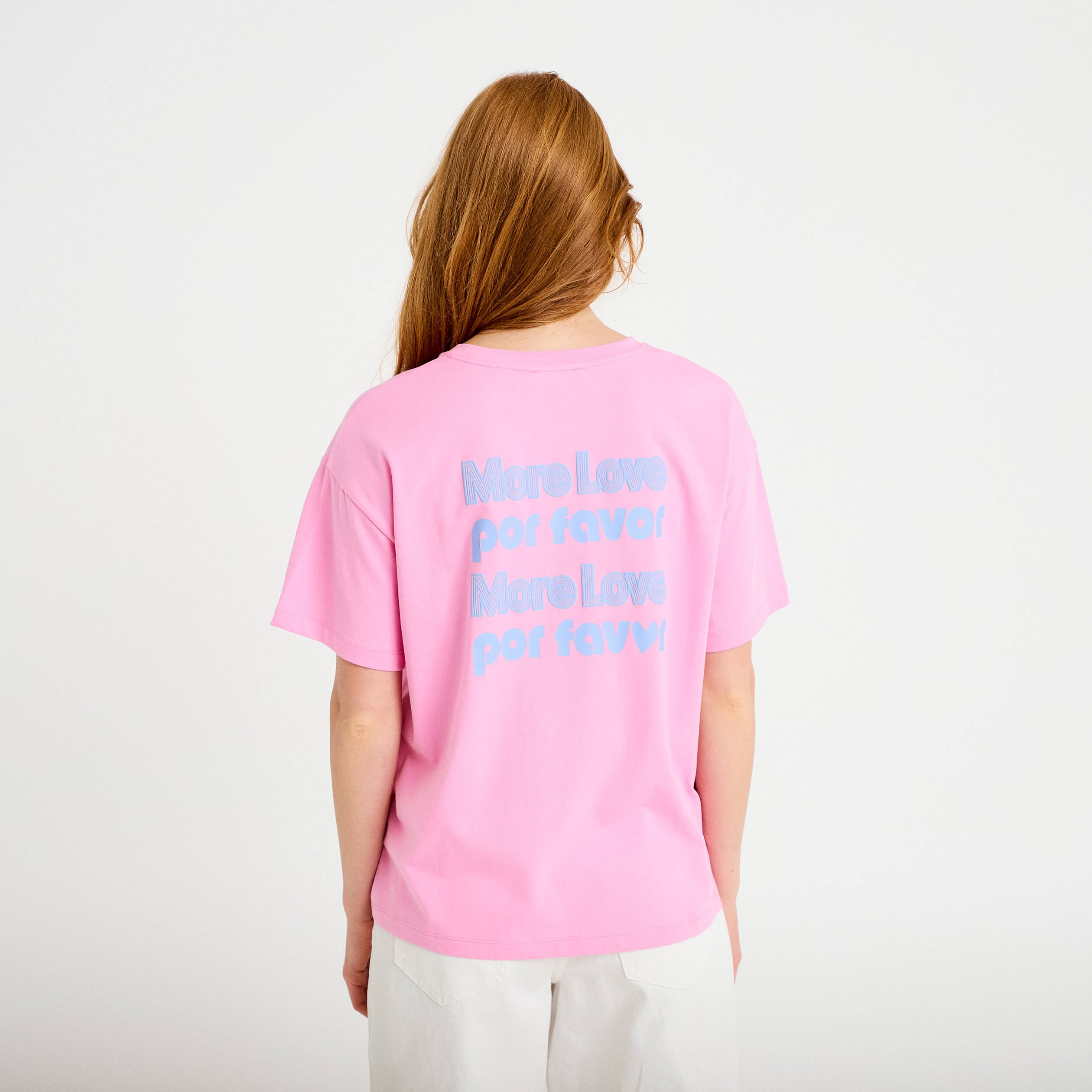 T-shirt droit col rond manches courtes rose corail femme