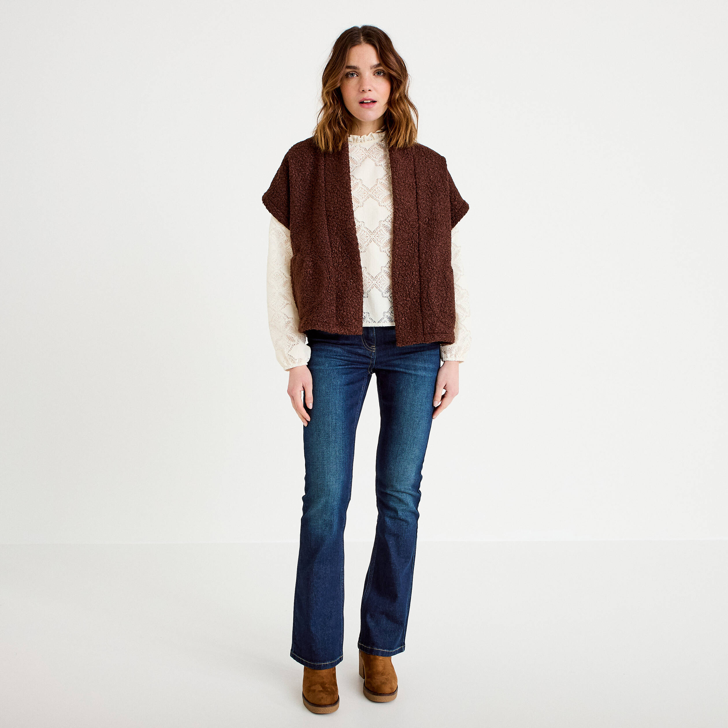 Gilet polaire manches courtes marron fonc&eacute; femme