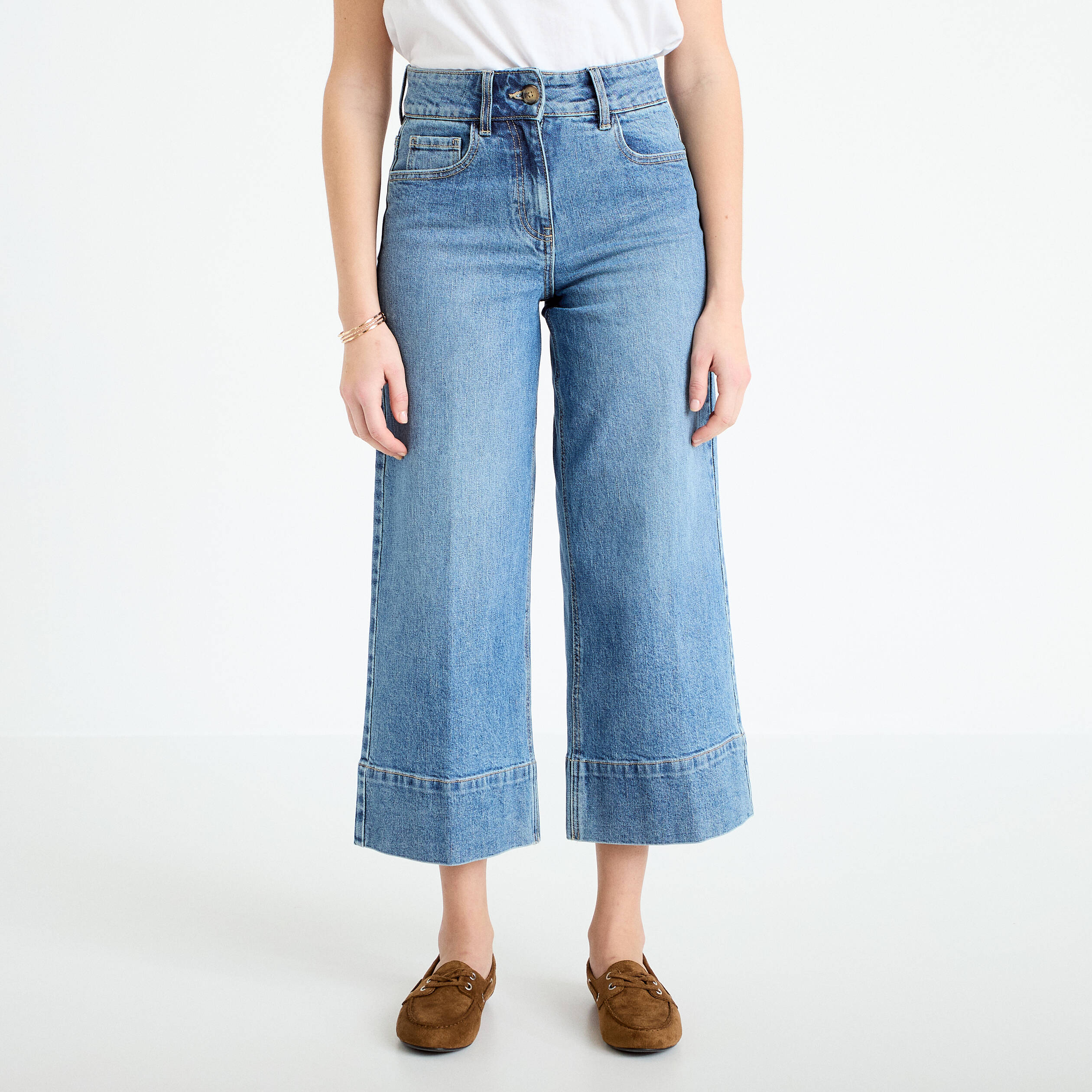Jean wide leg cropped taille haute denim stone femme