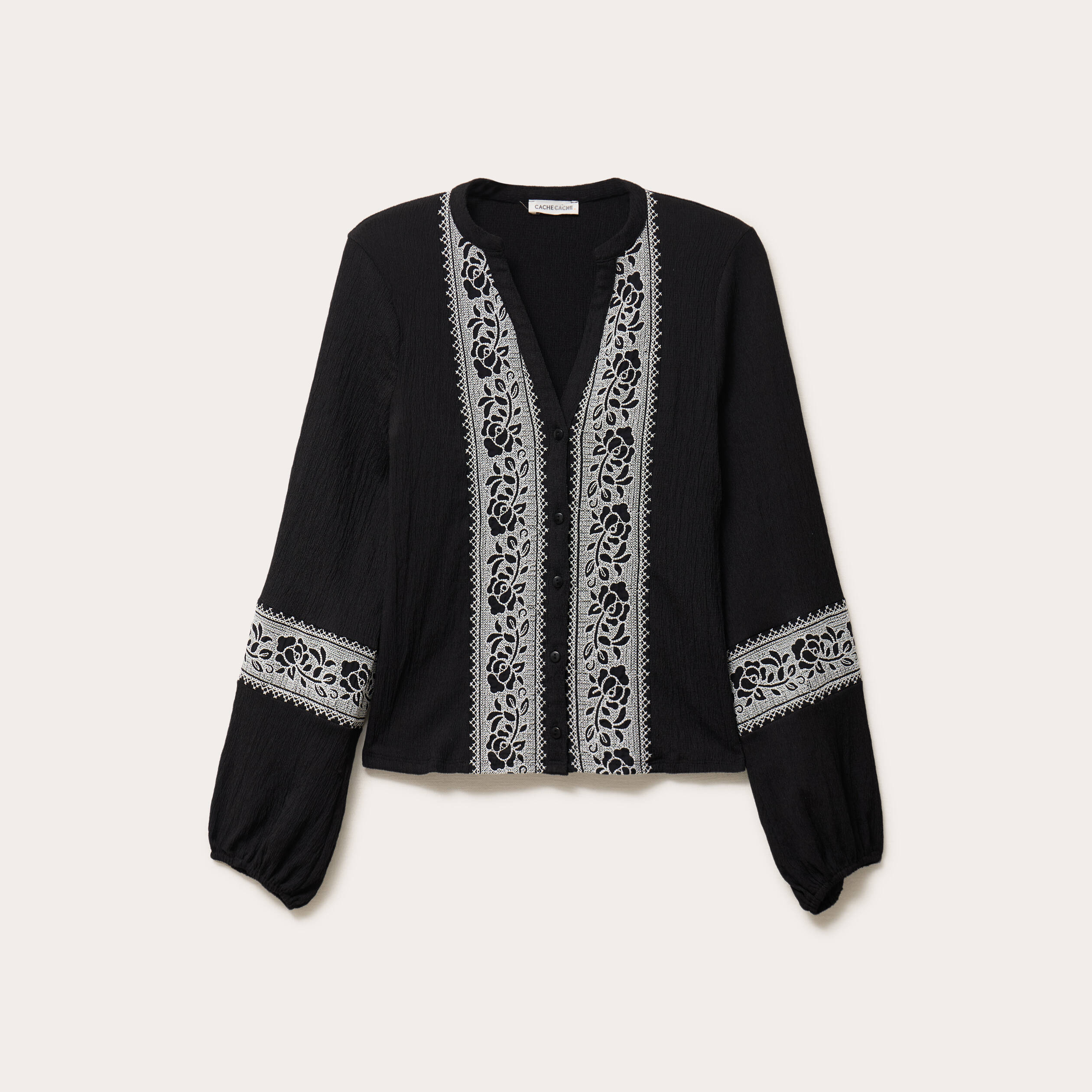 Blouse brod&eacute;e col tunisien noir femme