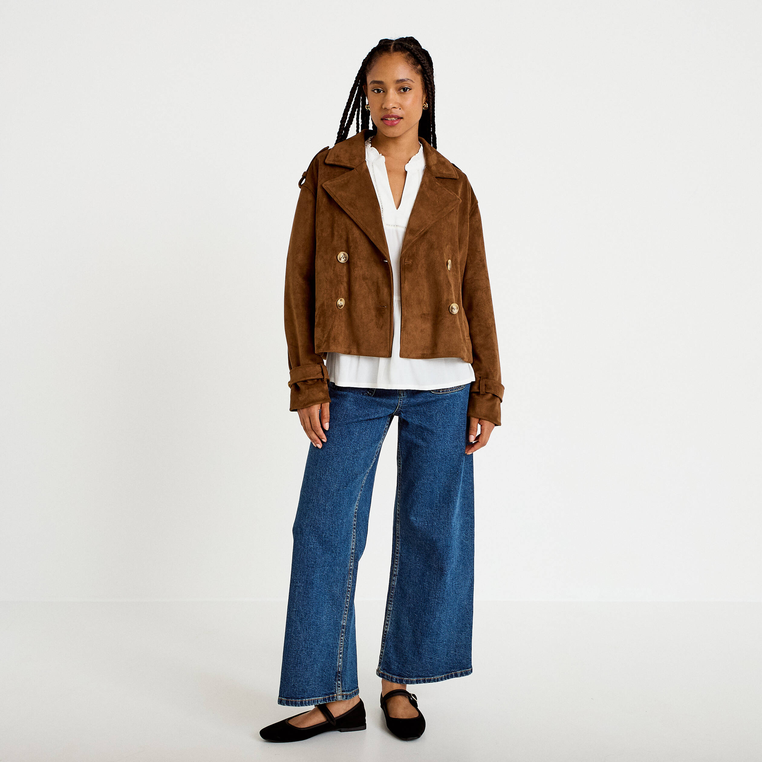 Trench droit manches longues aspect daim marron femme