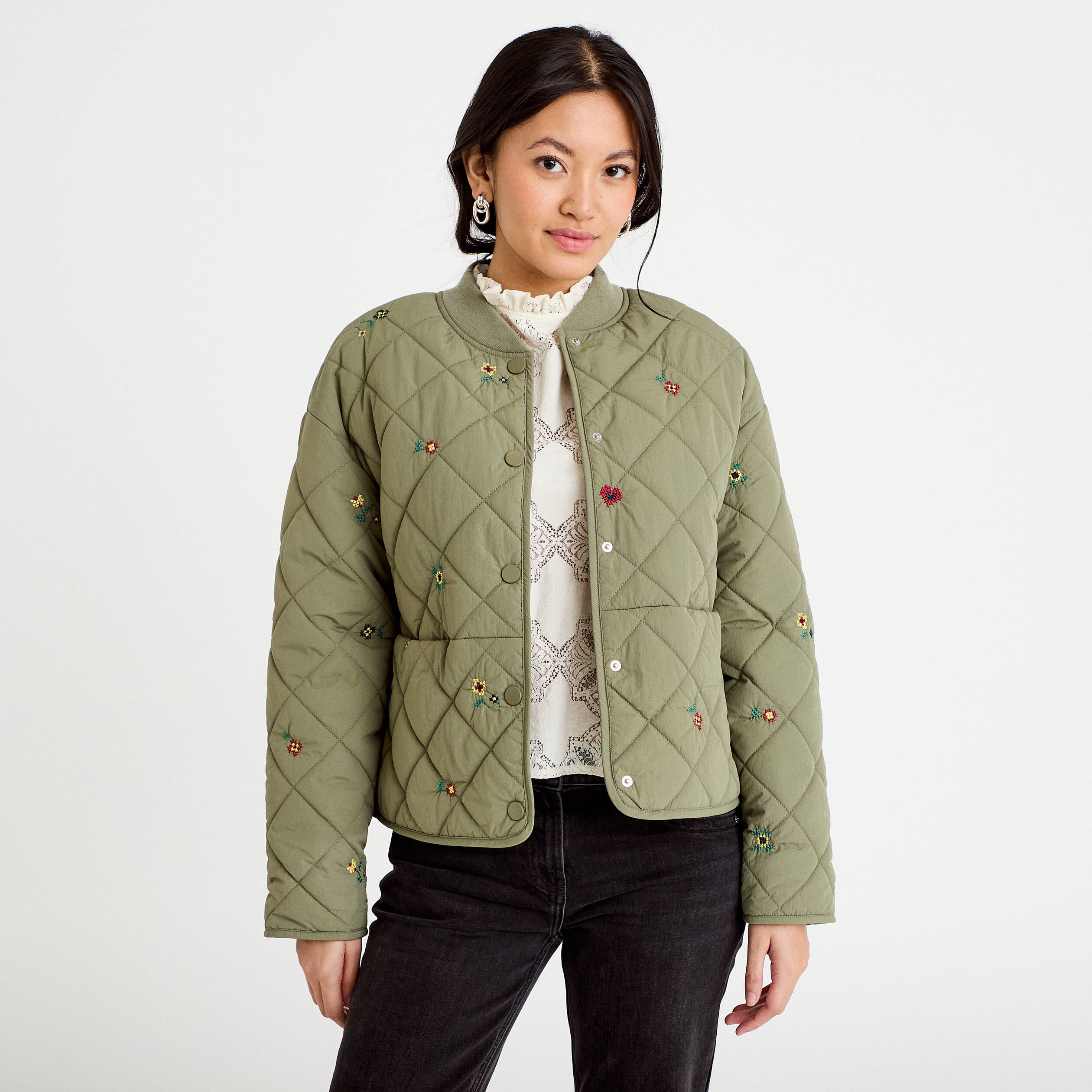 Veste matelass&eacute;e brod&eacute;e vert kaki femme