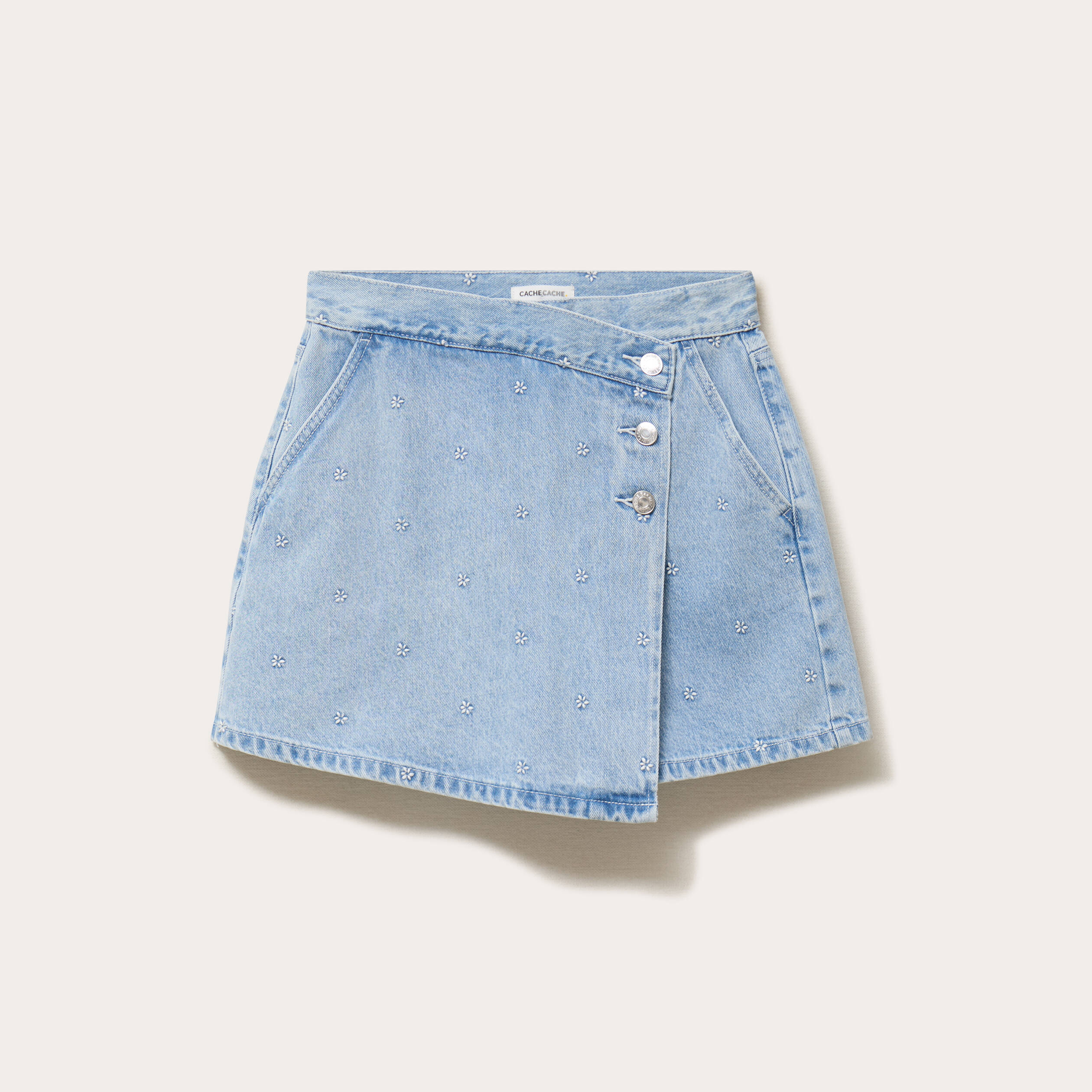 Jupe-short trap&egrave;ze courte taille haute bleu clair femme
