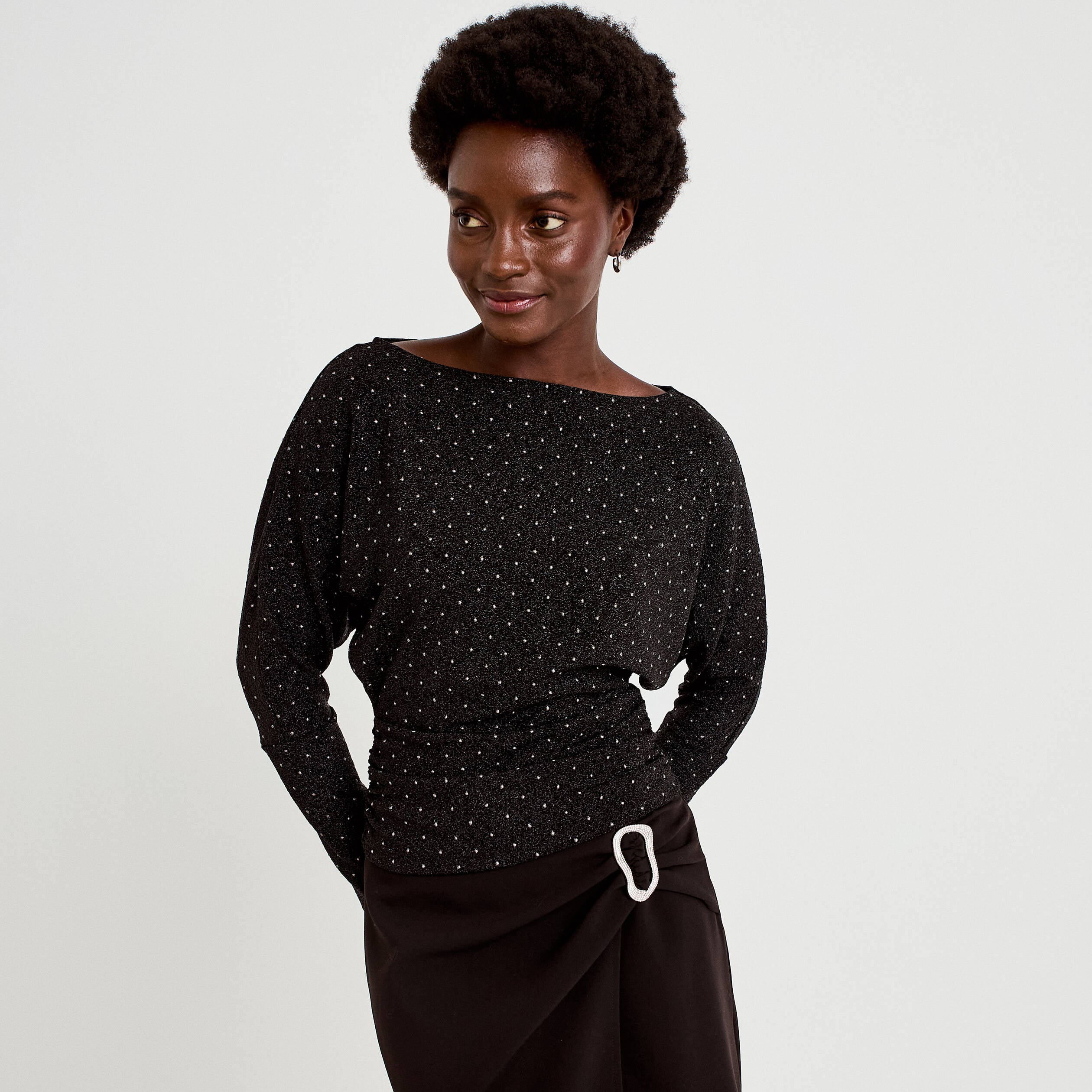 Top droit col bateau manches longues noir femme
