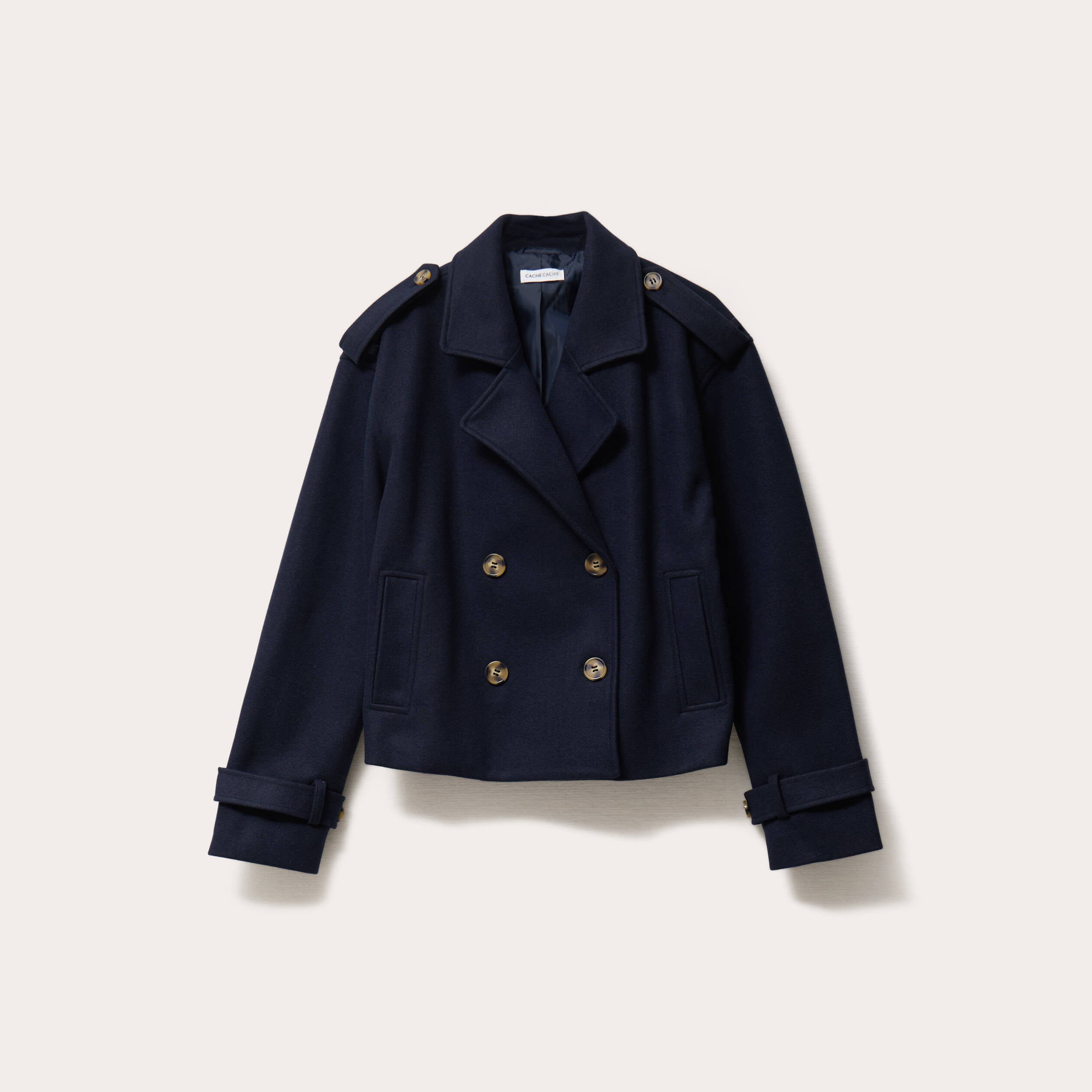 Trench droit court col tailleur bleu marine femme