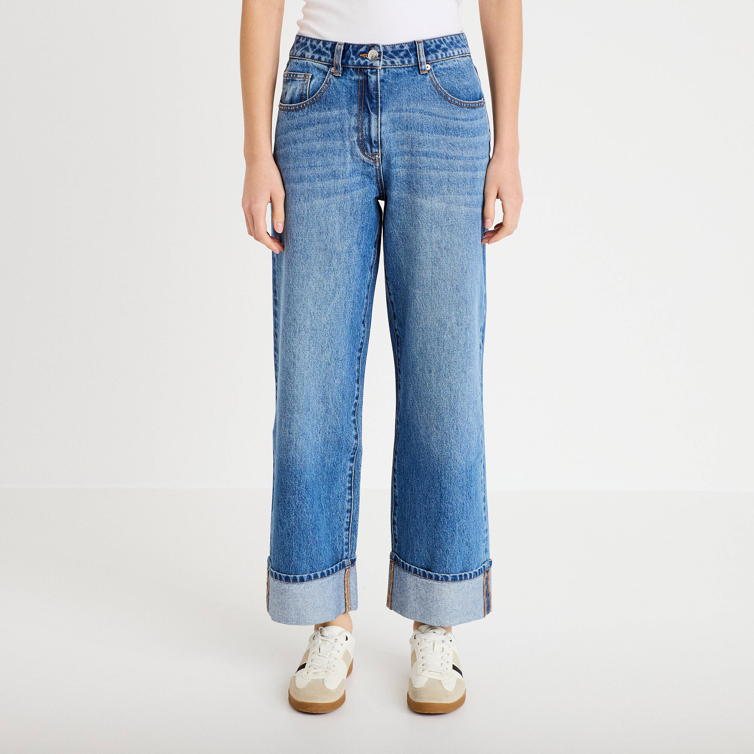 Jeans droit &agrave; revers denim double stone femme