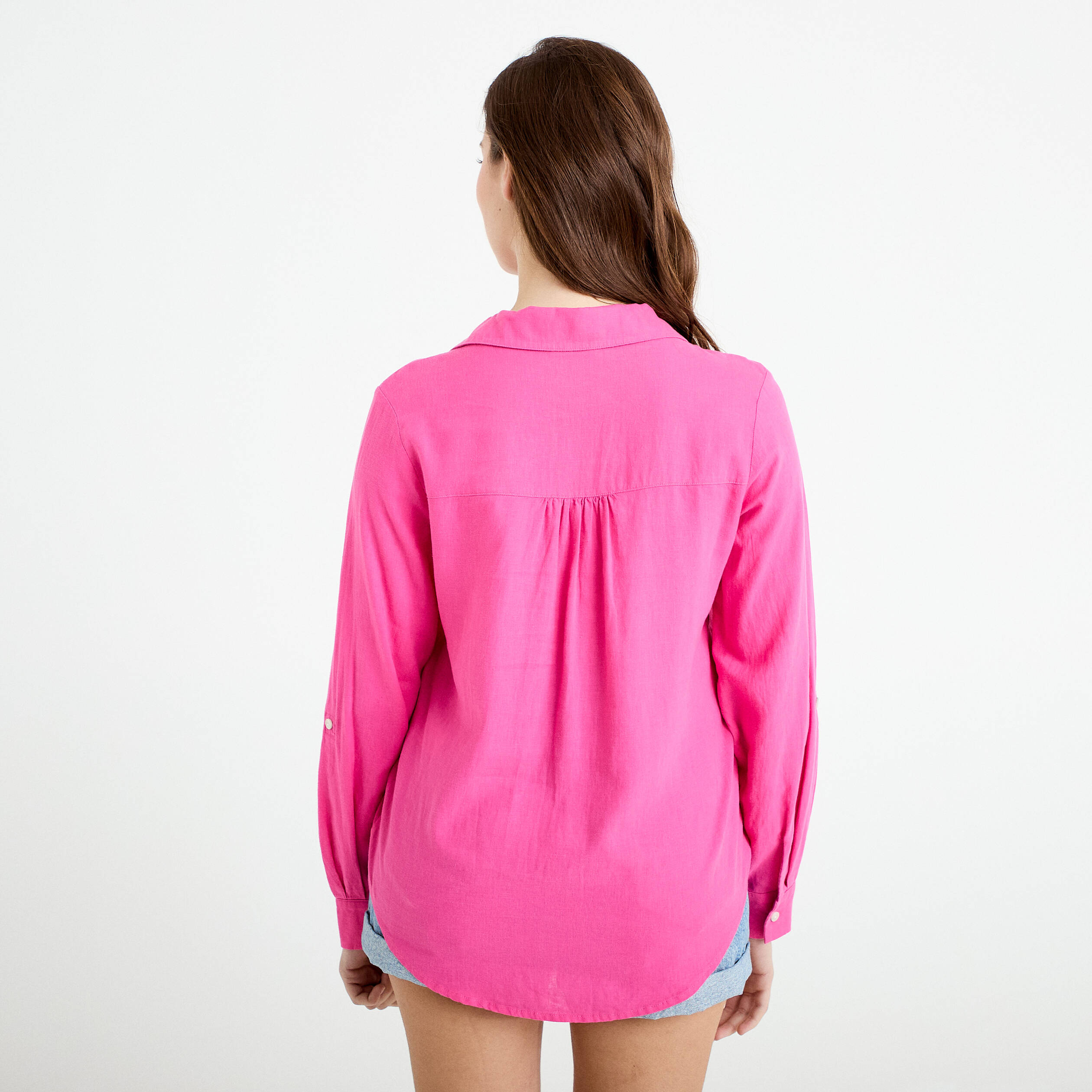 Chemise lin col V manches longues rose femme
