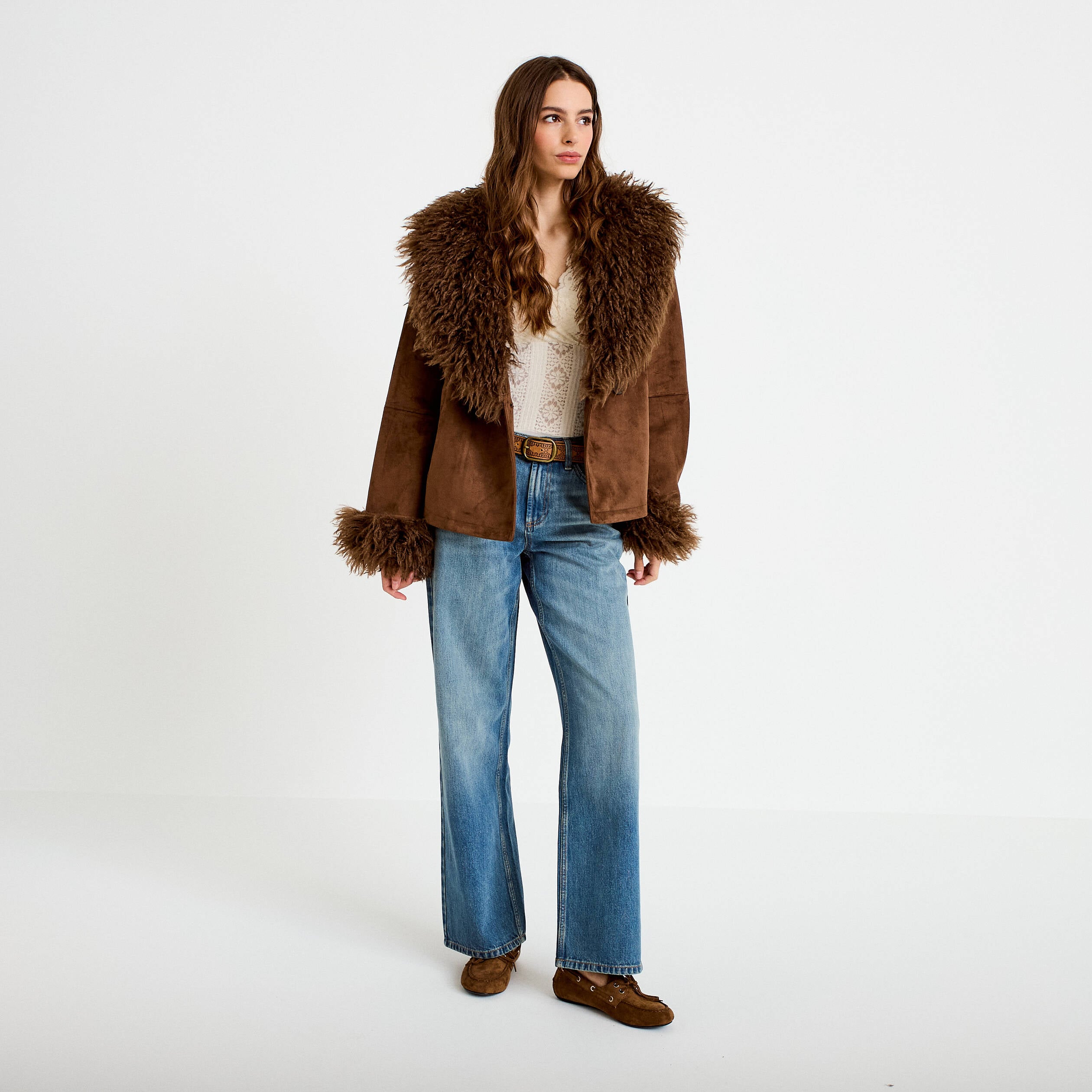 Manteau droit manches longues marron femme