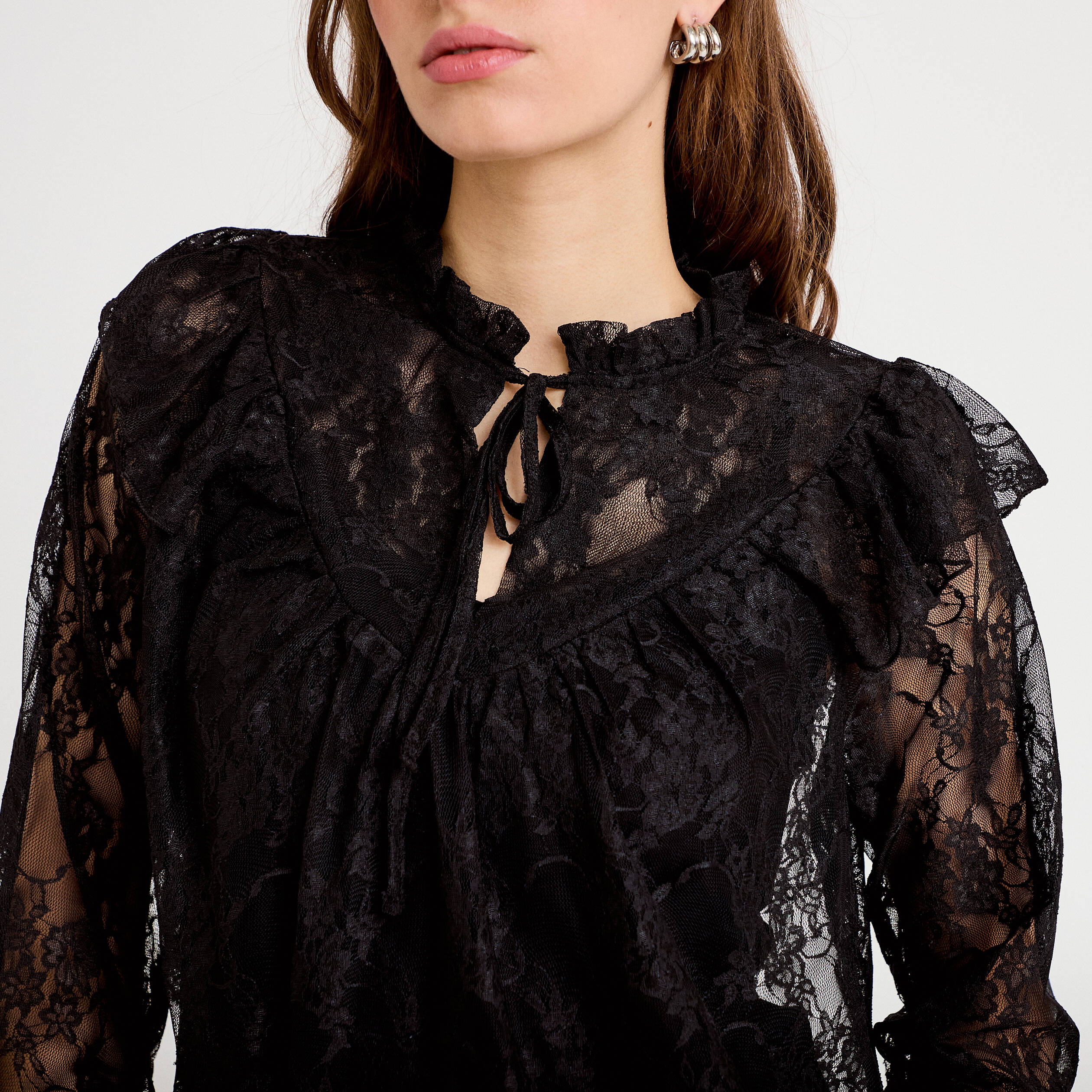 Blouse col rond manches longues dentelle noir femme