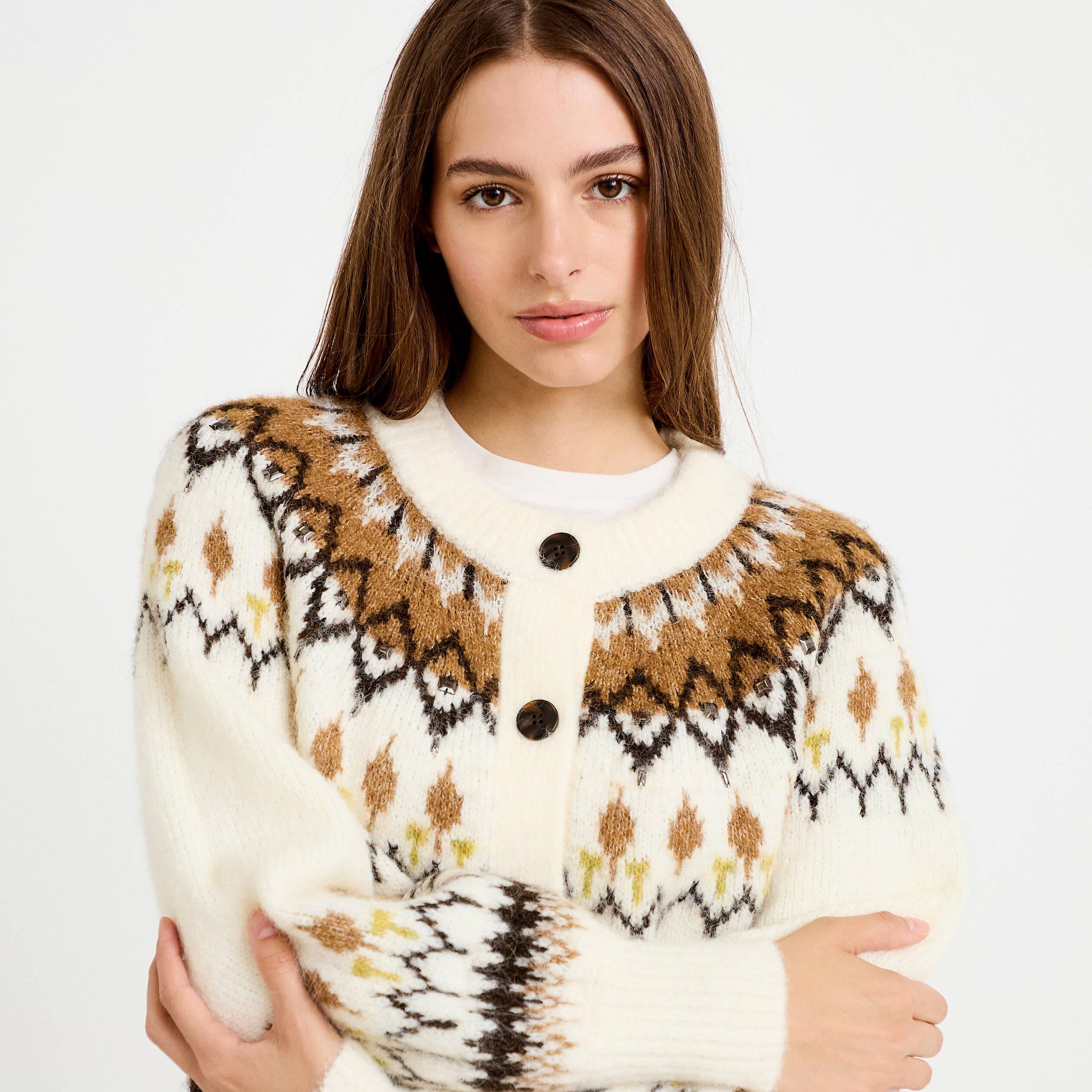 Gilet col rond manches longues ivoire femme