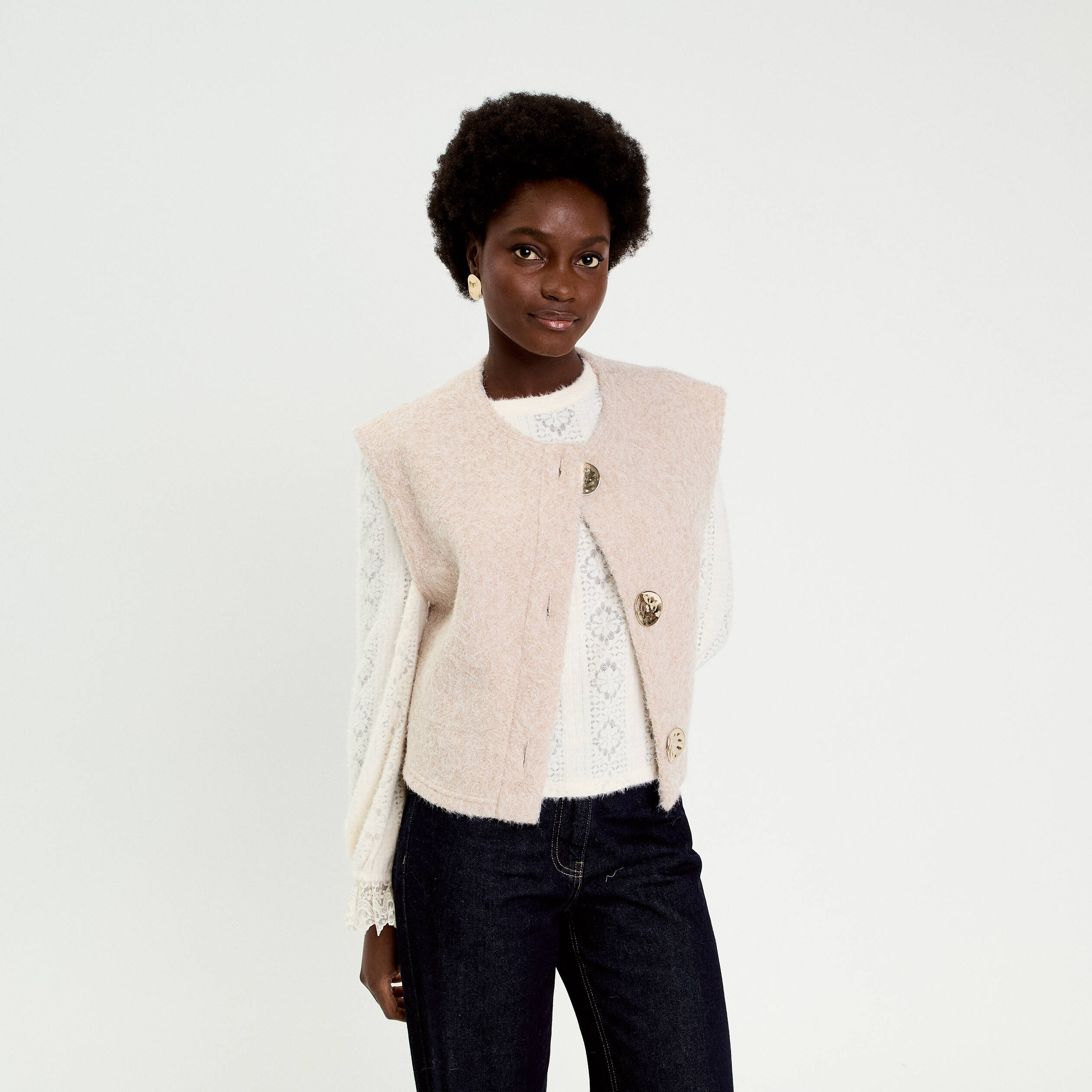 Gilet sans manches effet polaire ecru femme